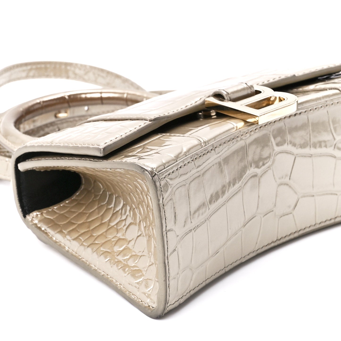 Metallic Shiny Calfskin Crocodile Embossed Hourglass Top Handle Bag XS Light Gold