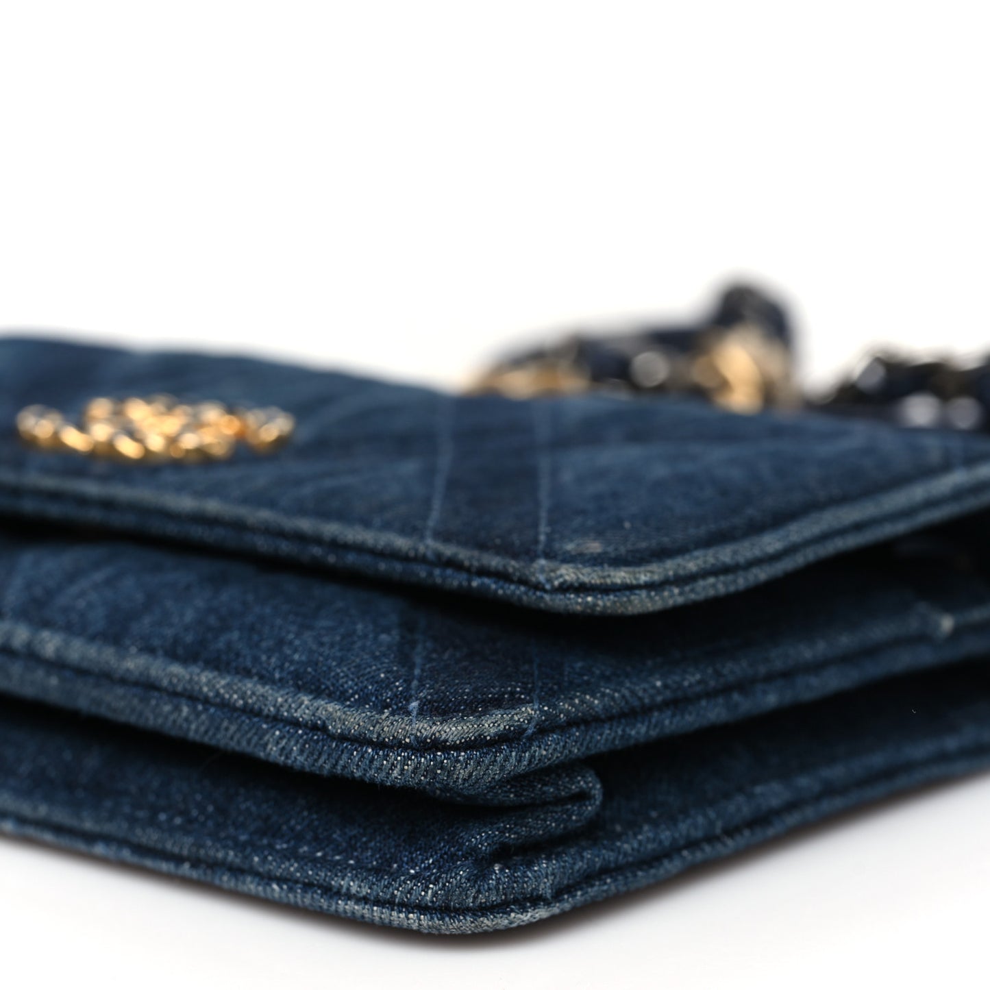 Denim Quilted Chanel 19 Wallet On Chain WOC Blue