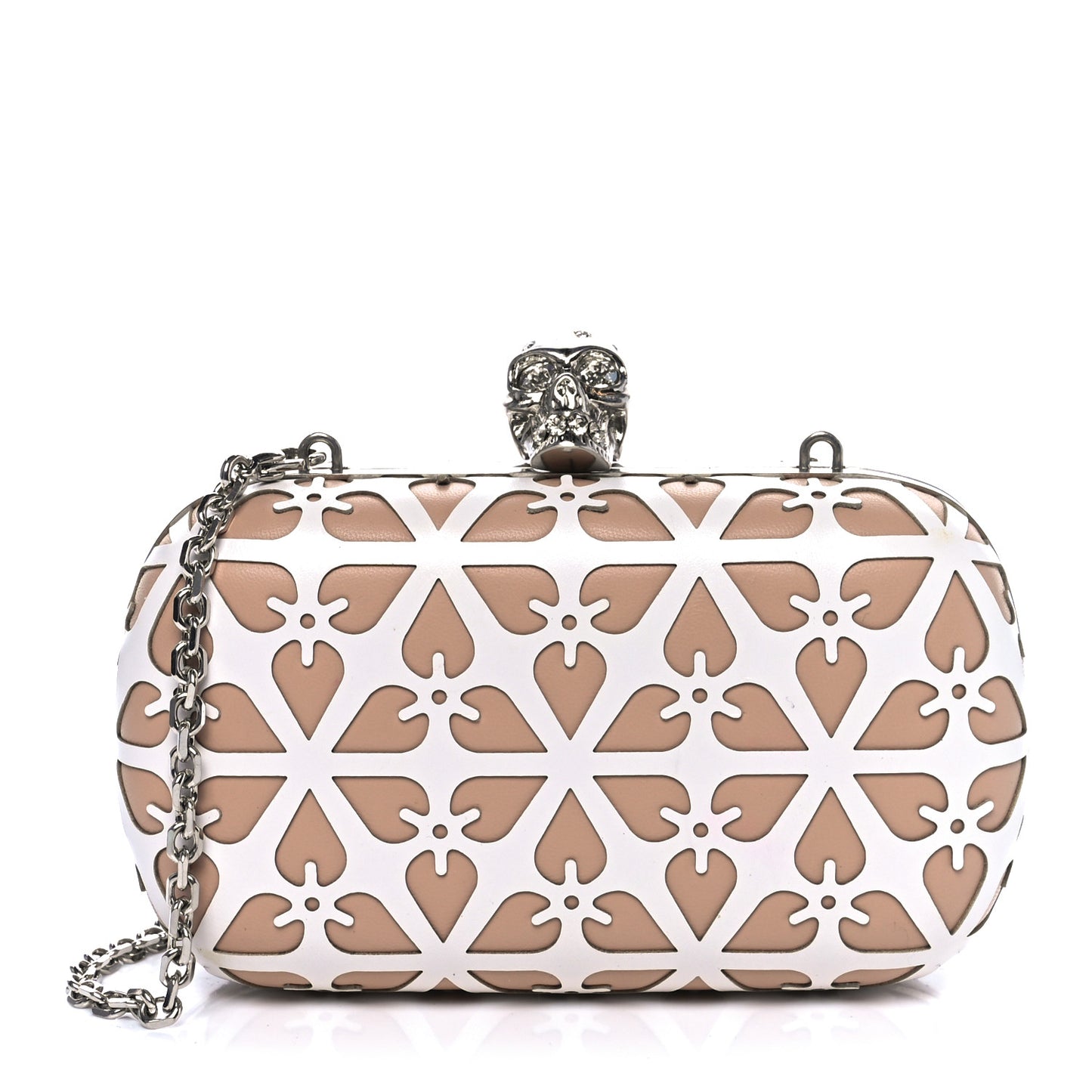Nappa Laser-Cut Skull Box Chain Clutch Nude White