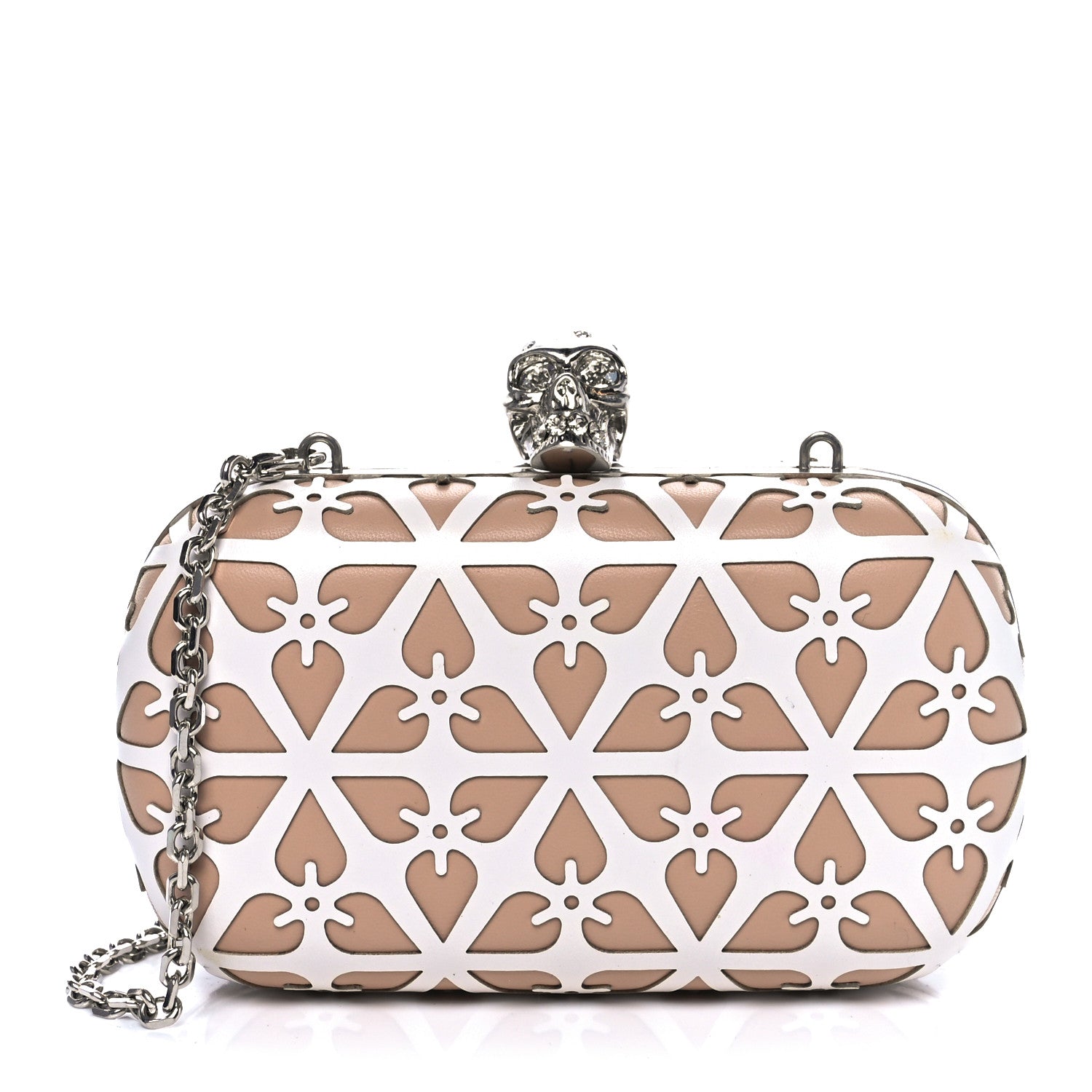 Alexander McQueen Nappa Laser-Cut Skull Box Chain Clutch Nude White 1 of 10