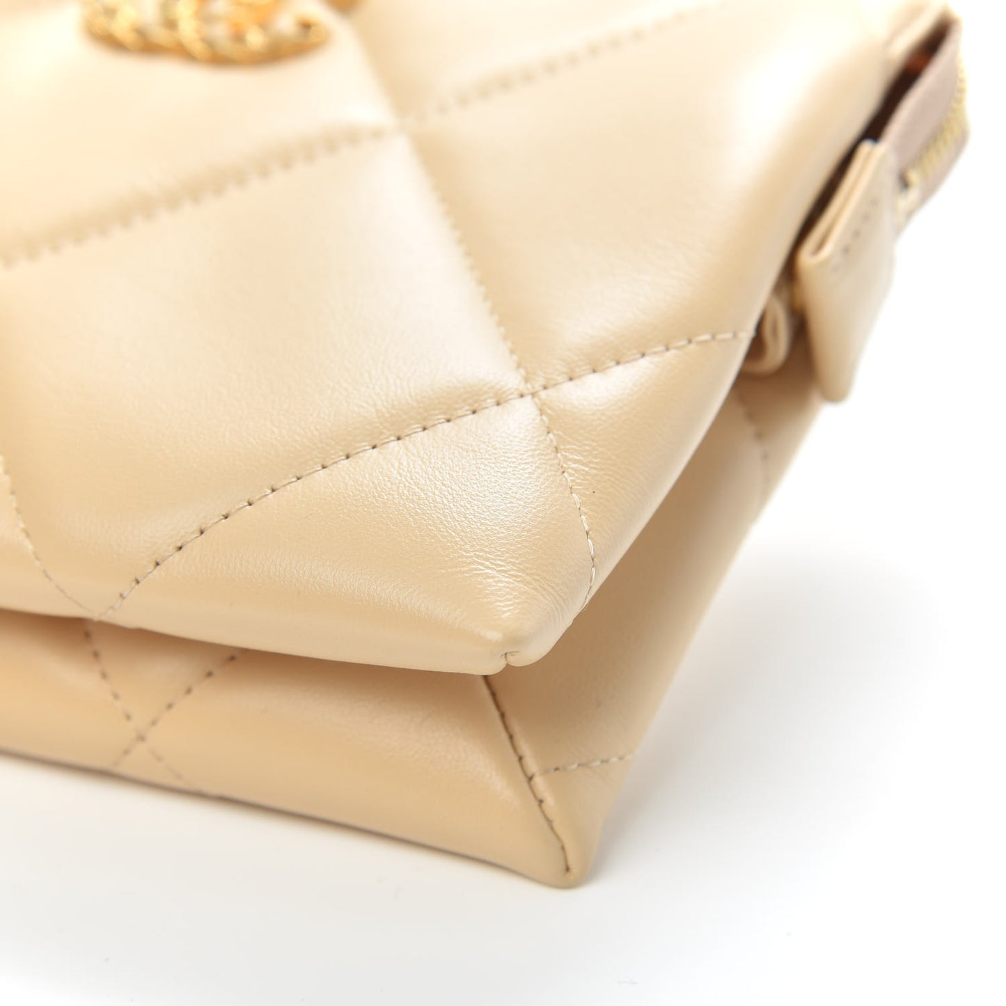 Shiny Goatskin Quilted Chanel 19 Small Pouch With Handle Beige