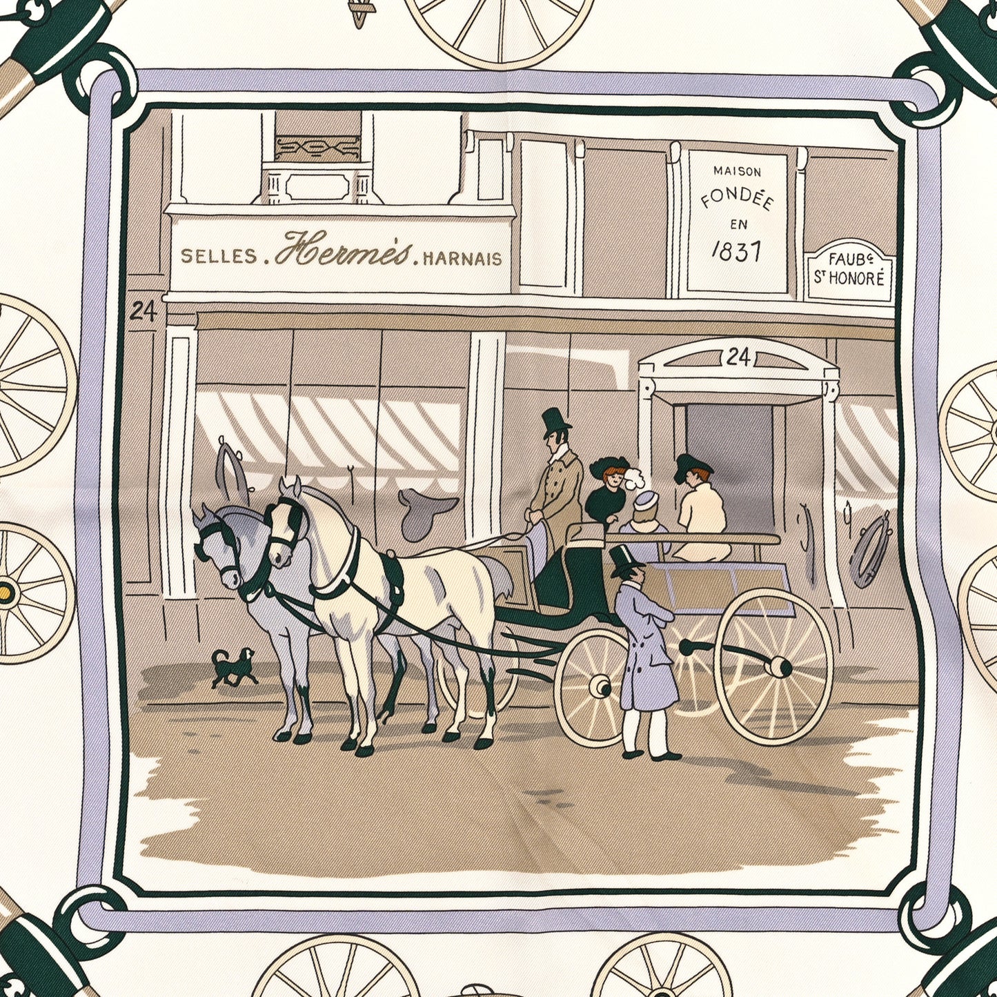 Silk Palonniers Scarf 70 Blanc Vert Sapin Beige