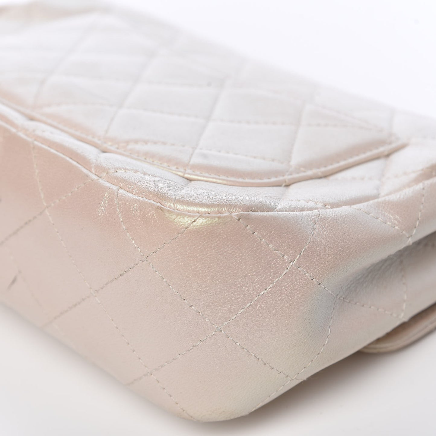 Metallic Lambskin Quilted Extra Mini Rectangular Flap Ivory