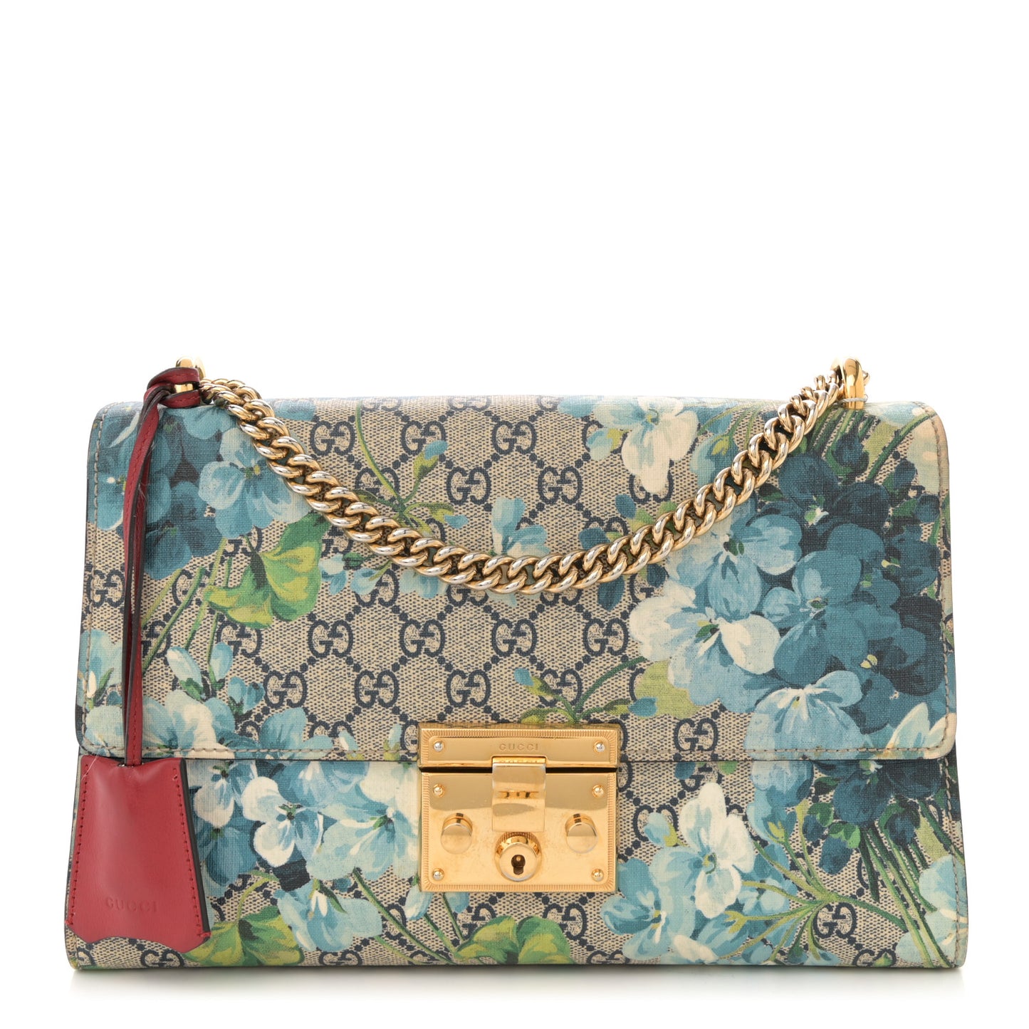 GG Supreme Monogram Blooms Medium Padlock Shoulder Bag Beige Blue Navy Hibiscus Red