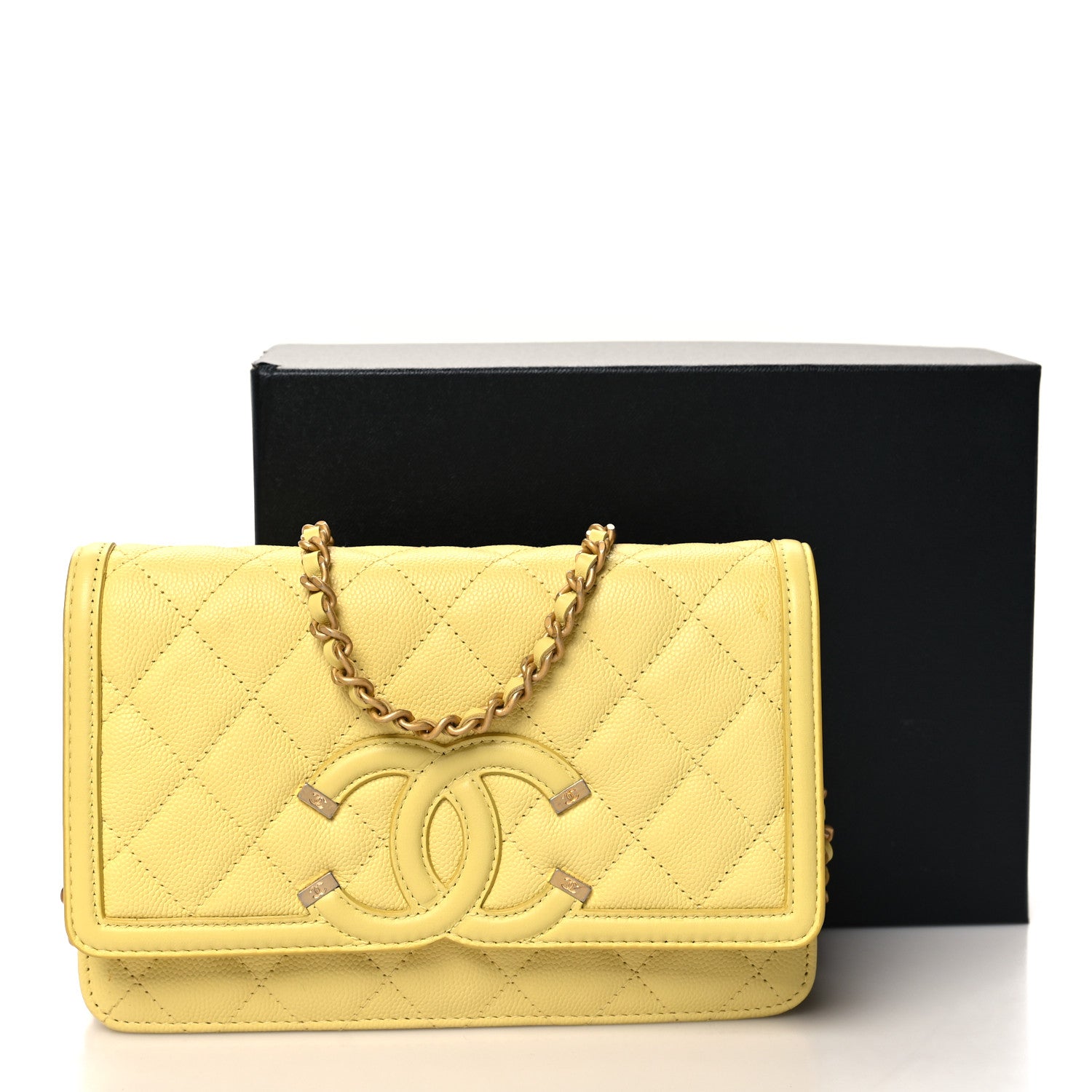 Chanel Caviar Quilted CC Filigree Wallet On Chain WOC Yellow 14 of 14