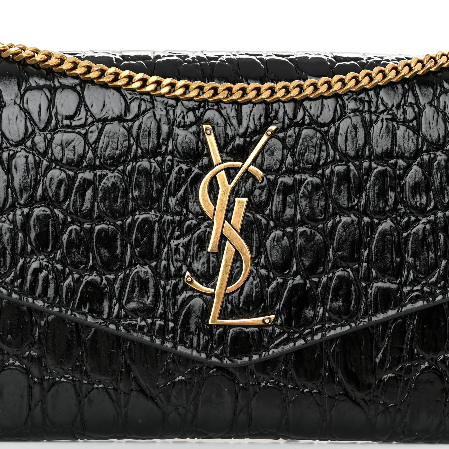 Calfskin Crocodile Embossed Monogram Uptown Chain Wallet Black