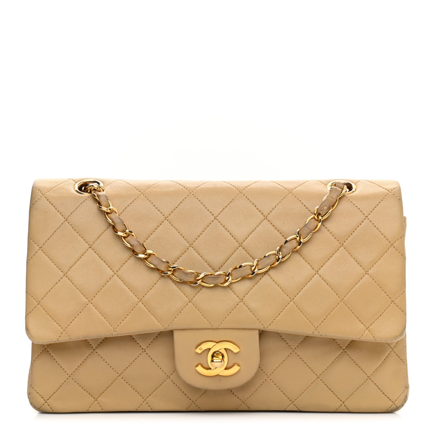 Lambskin Quilted Medium Double Flap Beige