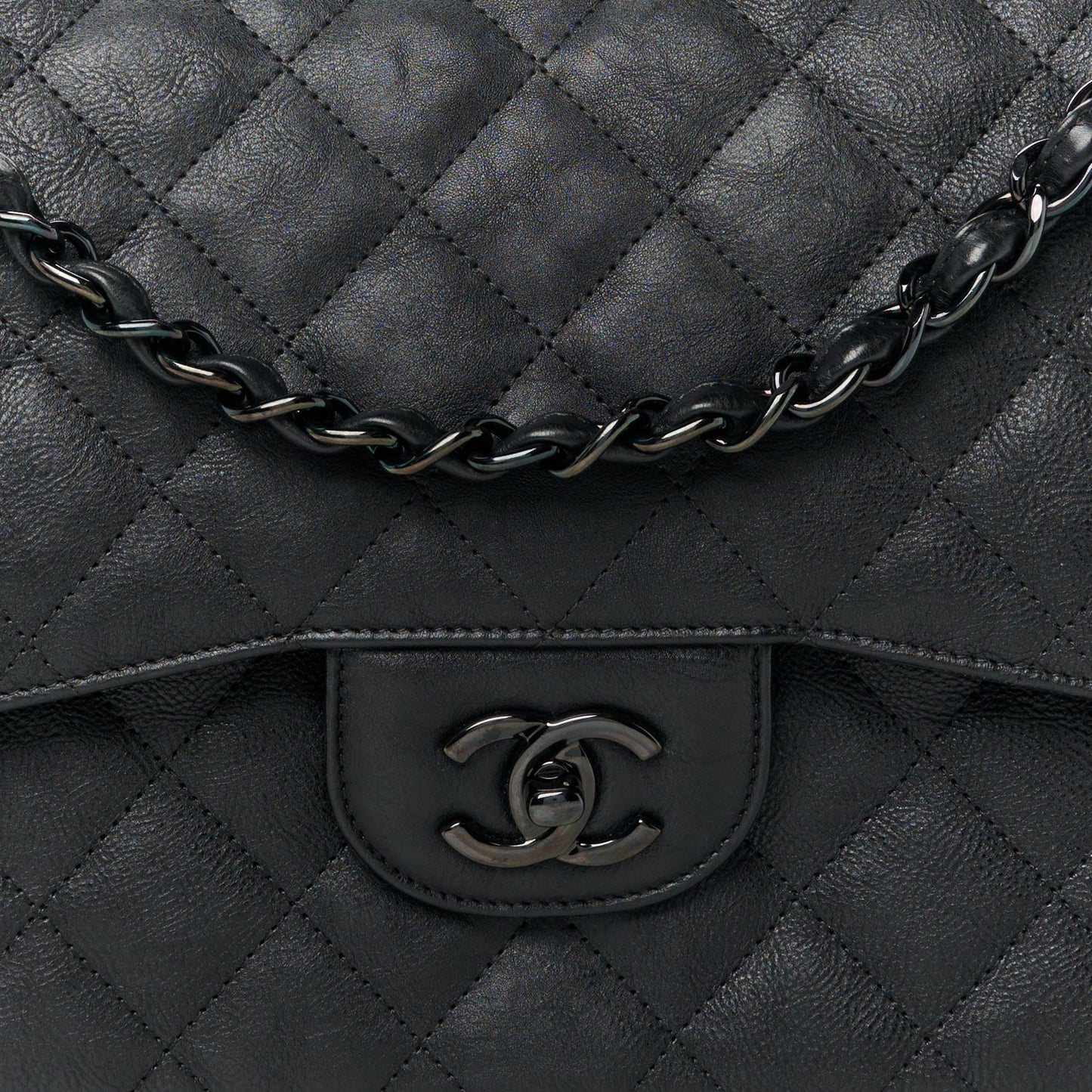 Crumpled Calfskin Quilted Jumbo Double Flap So Black