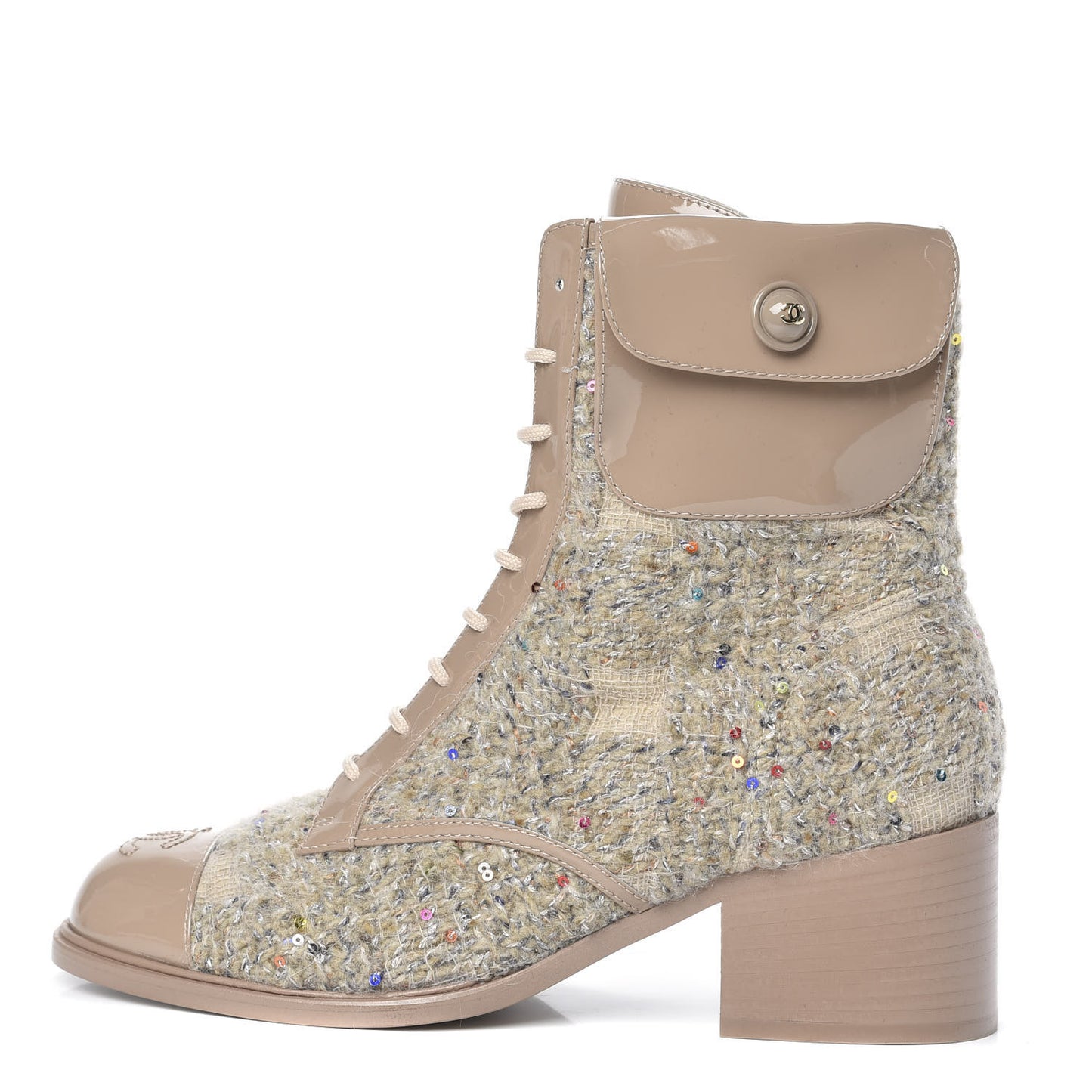 Tweed Patent Calfskin Lace Up Short Boots 39 Beige Multicolor