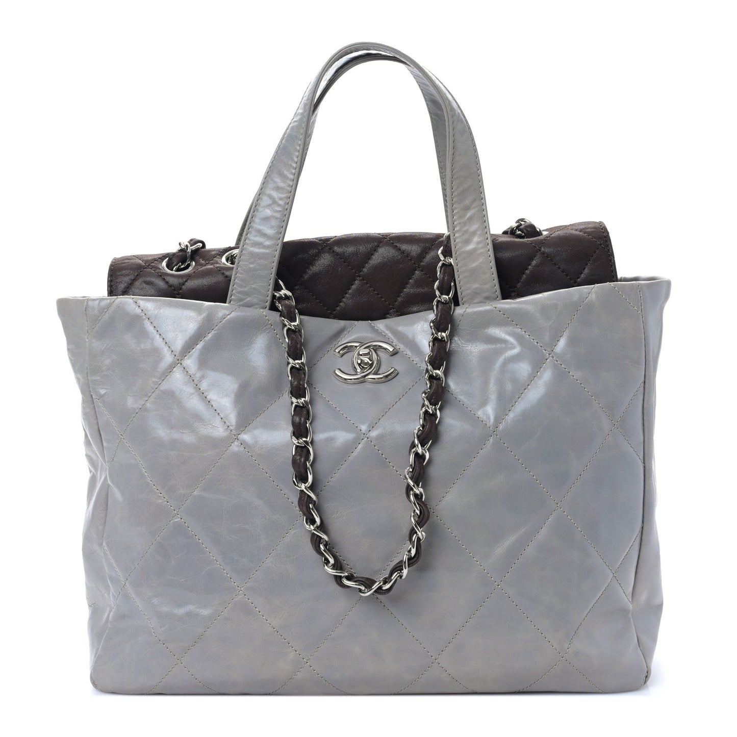 Glazed Calfskin Quilted Portobello Tote Grey Dark Brown