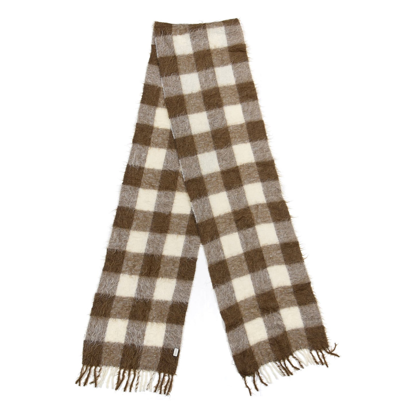 Wool Fringed Checked Knitted Scarf Brown