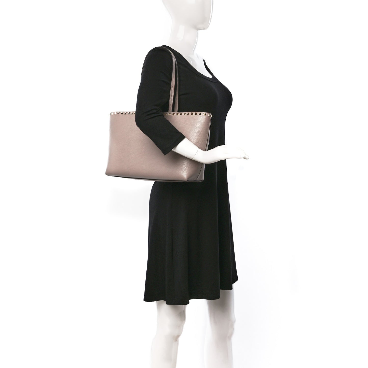 Grained Calfskin Small Rockstud Shoulder Tote Poudre