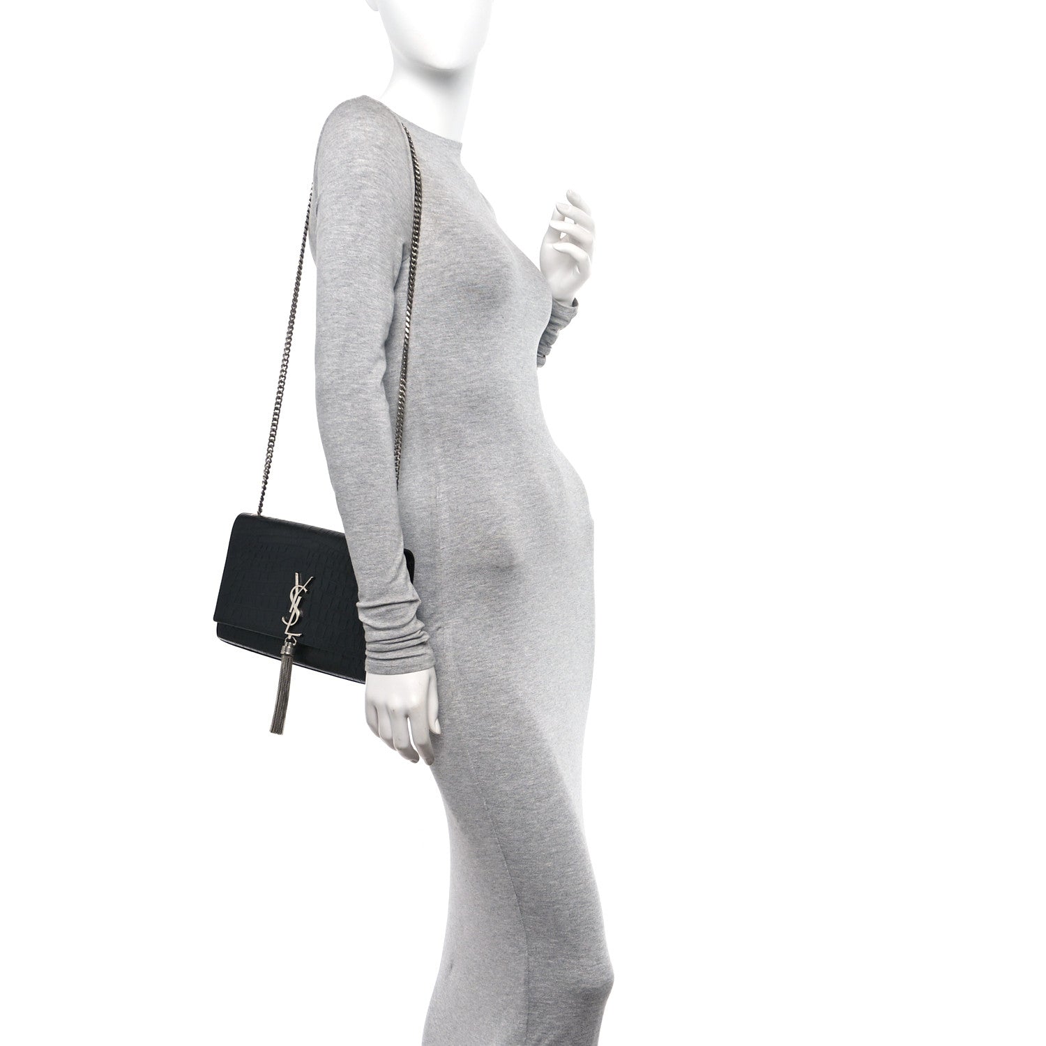 Saint Laurent Calfskin Crocodile Embossed Medium Classic Monogram Kate Tassel Satchel Black 2 of 17