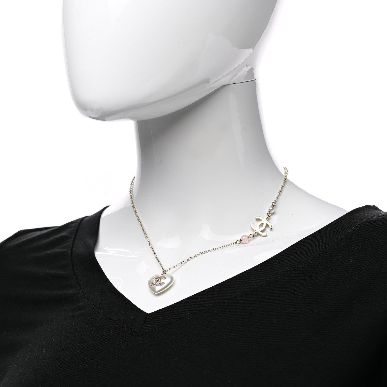 Chanel Resin Crystal CC Heart Necklace Pearly White Gold 2 of 5