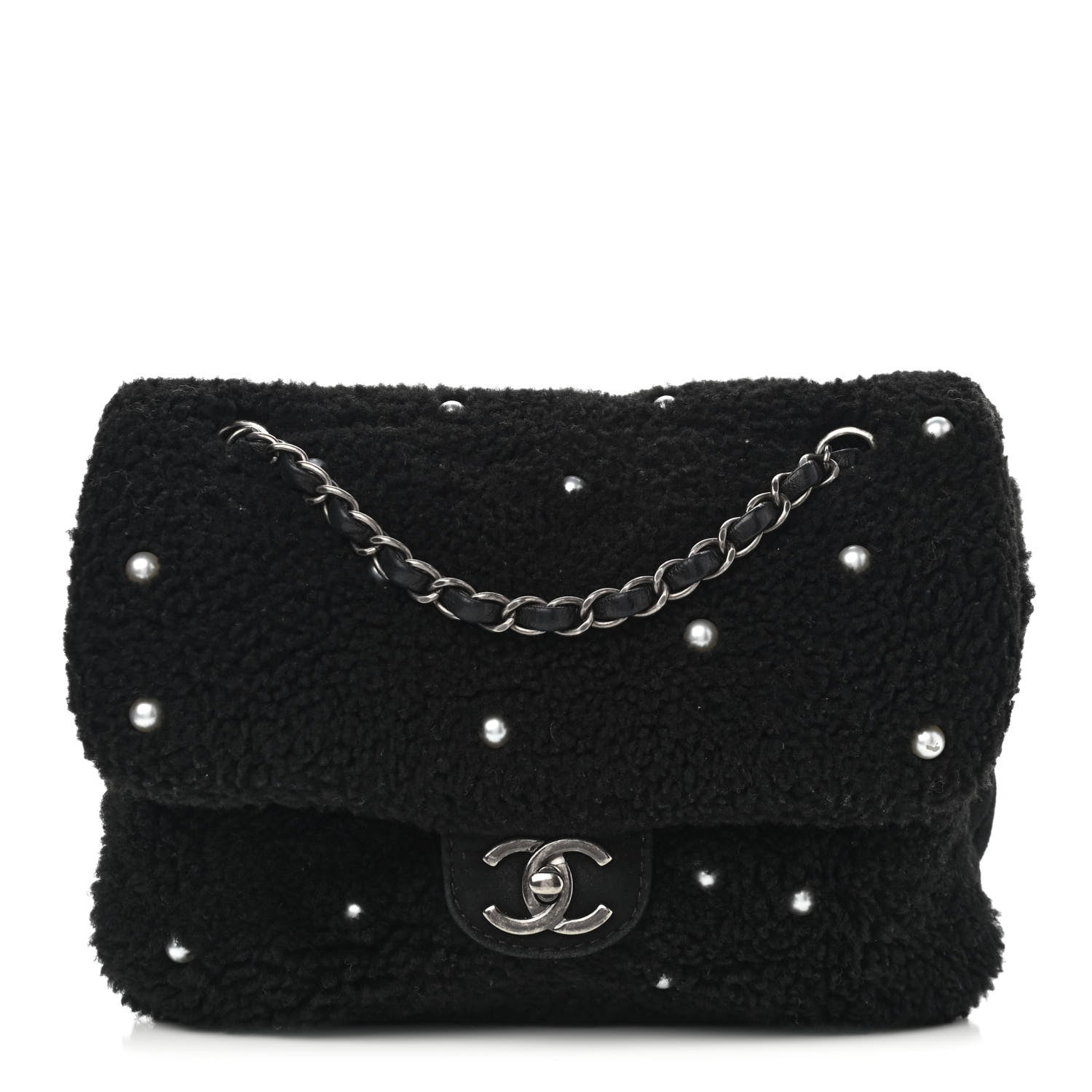 Chanel Shearling Lambskin Pearl Flap Black 992278 – FASHIONPHILE