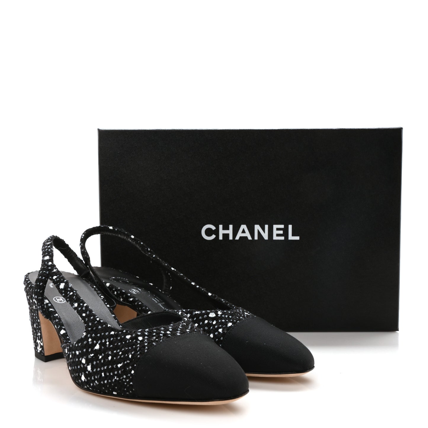 Tweed Grosgrain Cap Toe CC Slingback Pumps 37 Black White