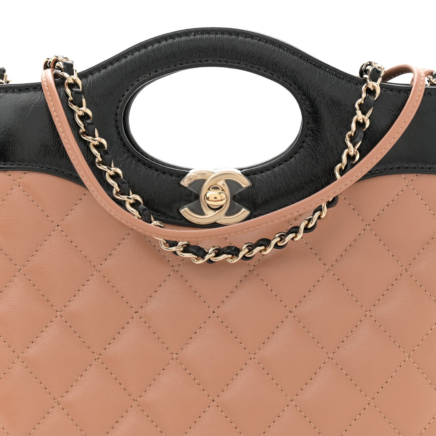Shiny Crumpled Calfskin Quilted Mini 31 Shopping Bag Dark Beige Black