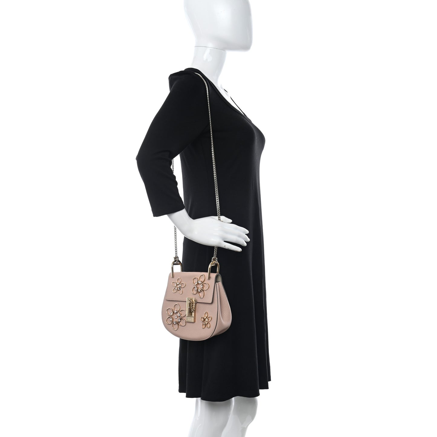 Grained Lambskin Flower Crystal Embellished Mini Drew Shoulder Bag Cement Pink