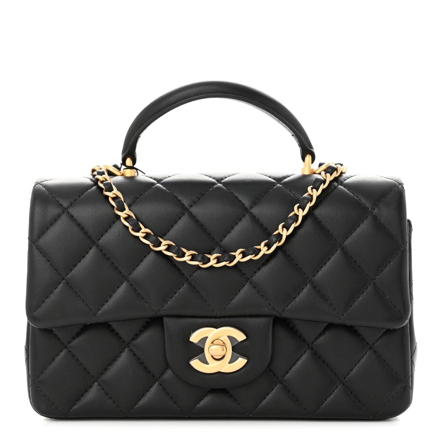 Lambskin Quilted Mini Top Handle Rectangular Flap Black