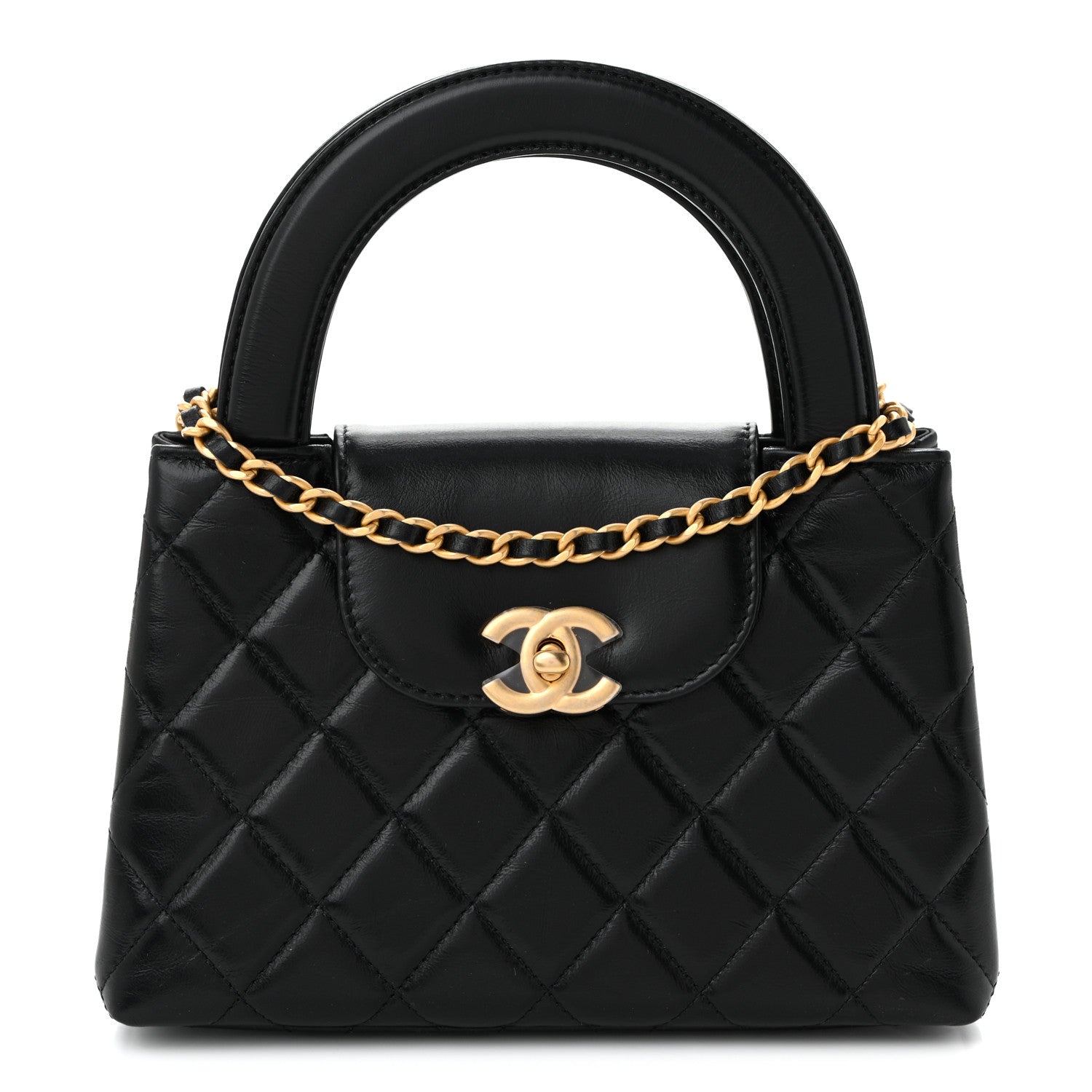 CHANEL ブラックキルティングレザーバッグ Chanel Shiny Aged Calfskin Quilted Nano Kelly Shopper Black