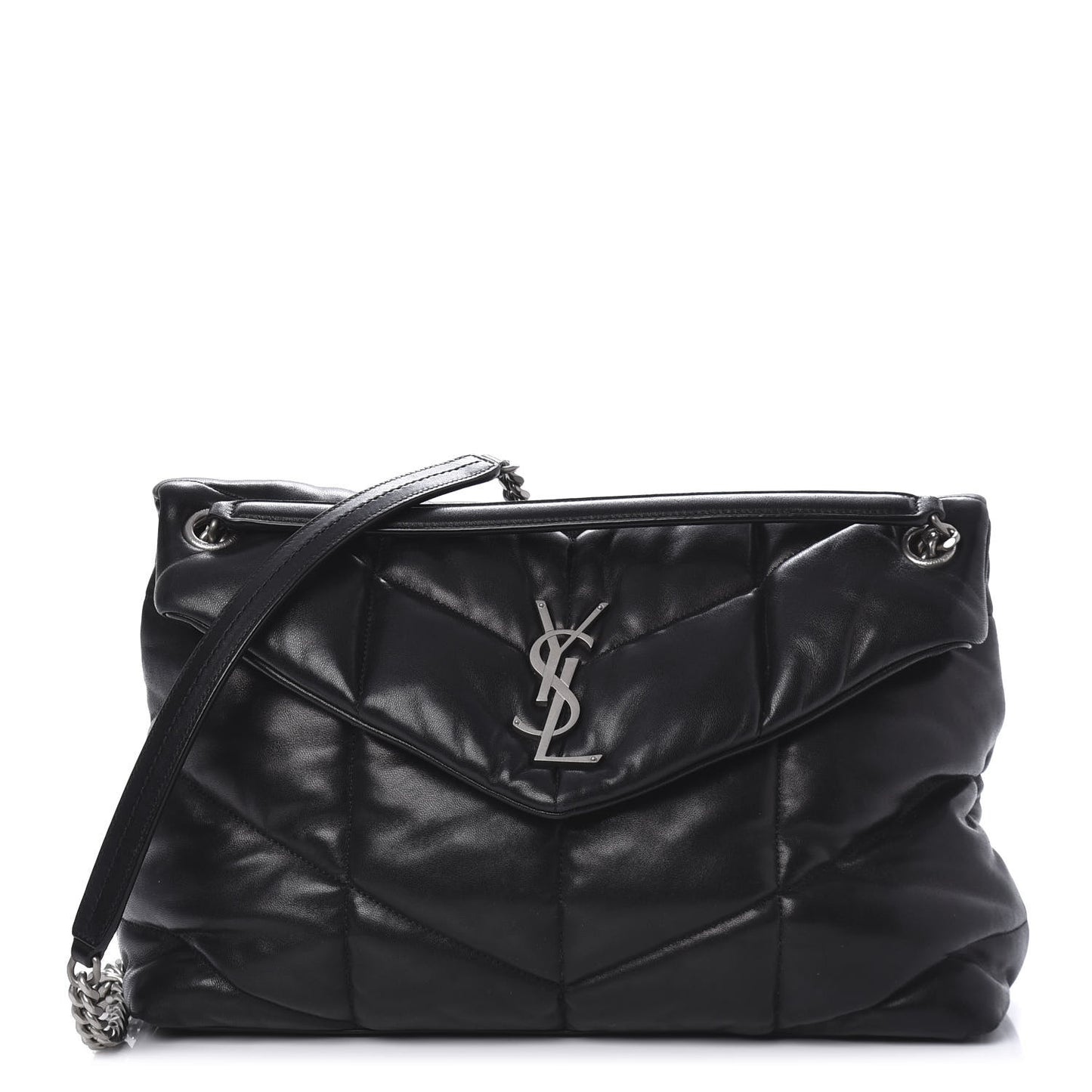 Lambskin Quilted Medium Loulou Puffer Monogram Chain Satchel Black