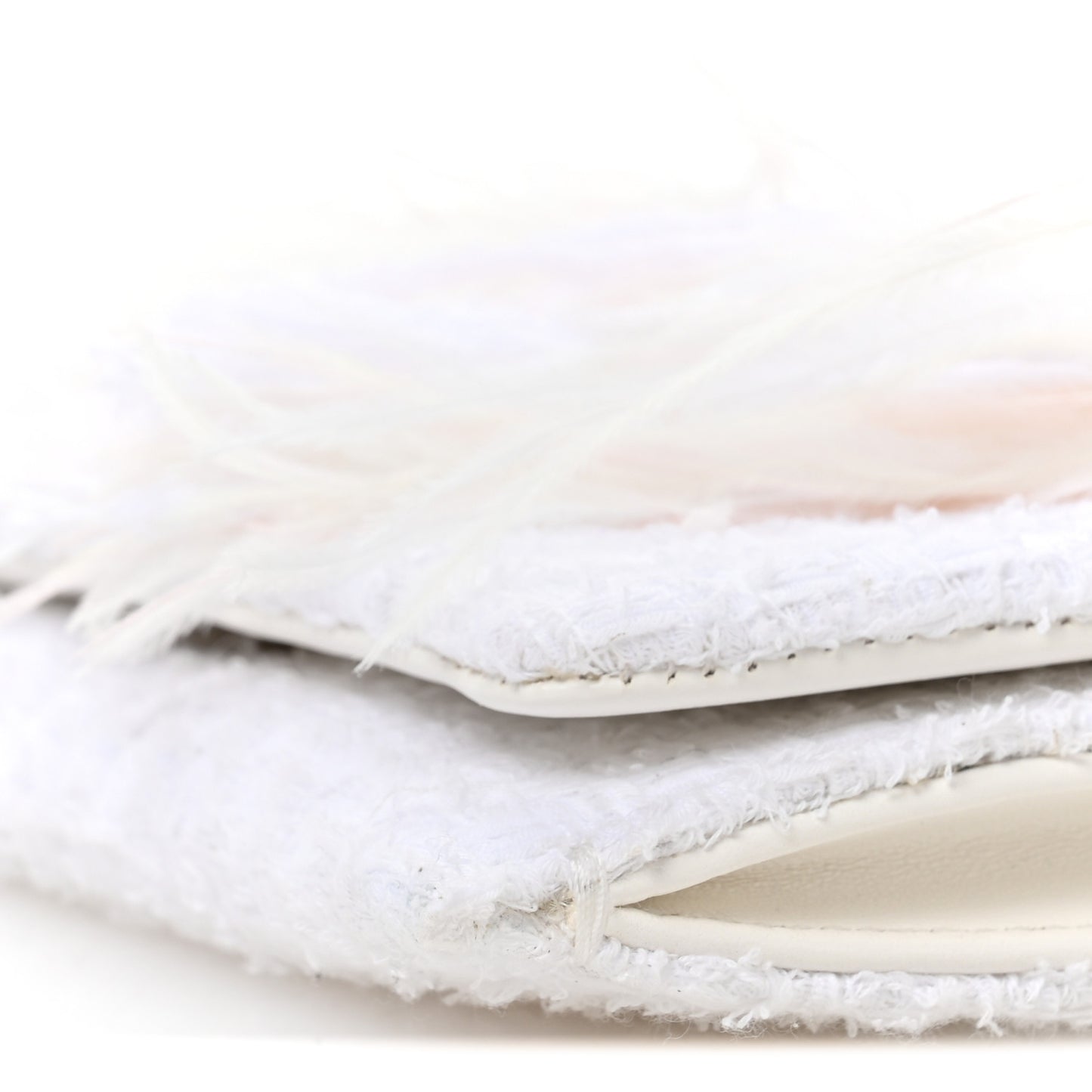 Tweed Embroidered Feathers Pearl Crystal Clutch White