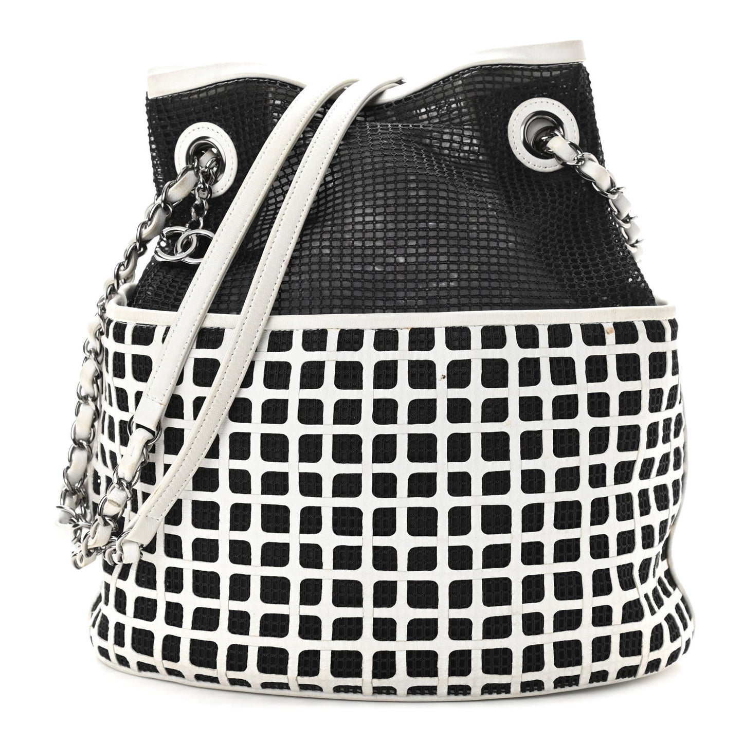 Calfskin Mesh Chain Bucket Bag Black White
