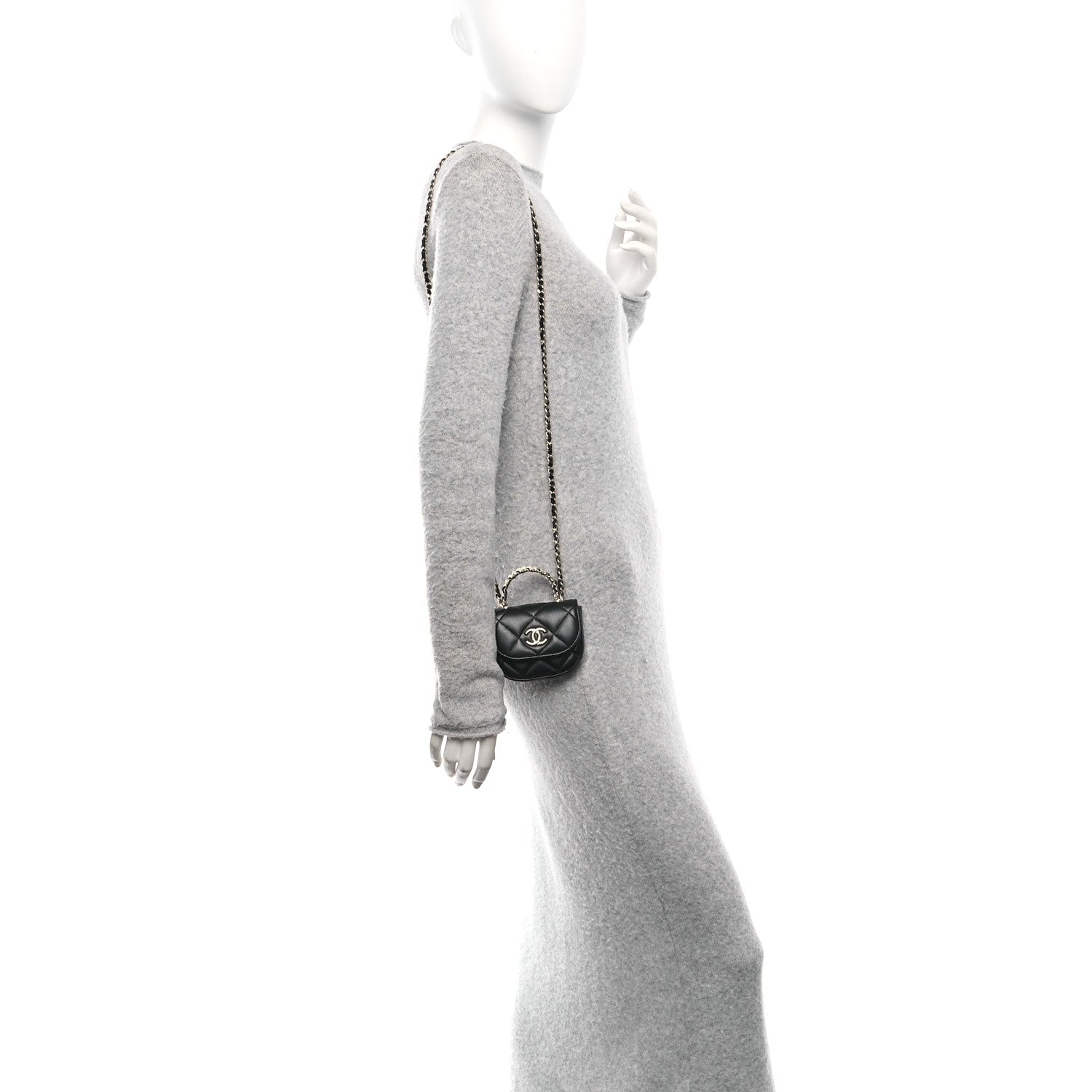 Chanel Lambskin Quilted Pearl Top Handle Clutch With Chain Black 2 of 12