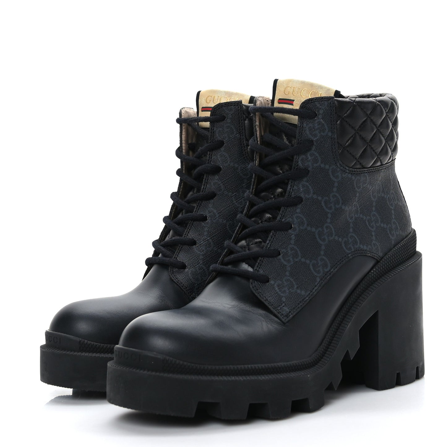 Apollo Calfskin GG Supreme Nappa Samoa Quilted Lace Up Ankle Boots 38.5 Black