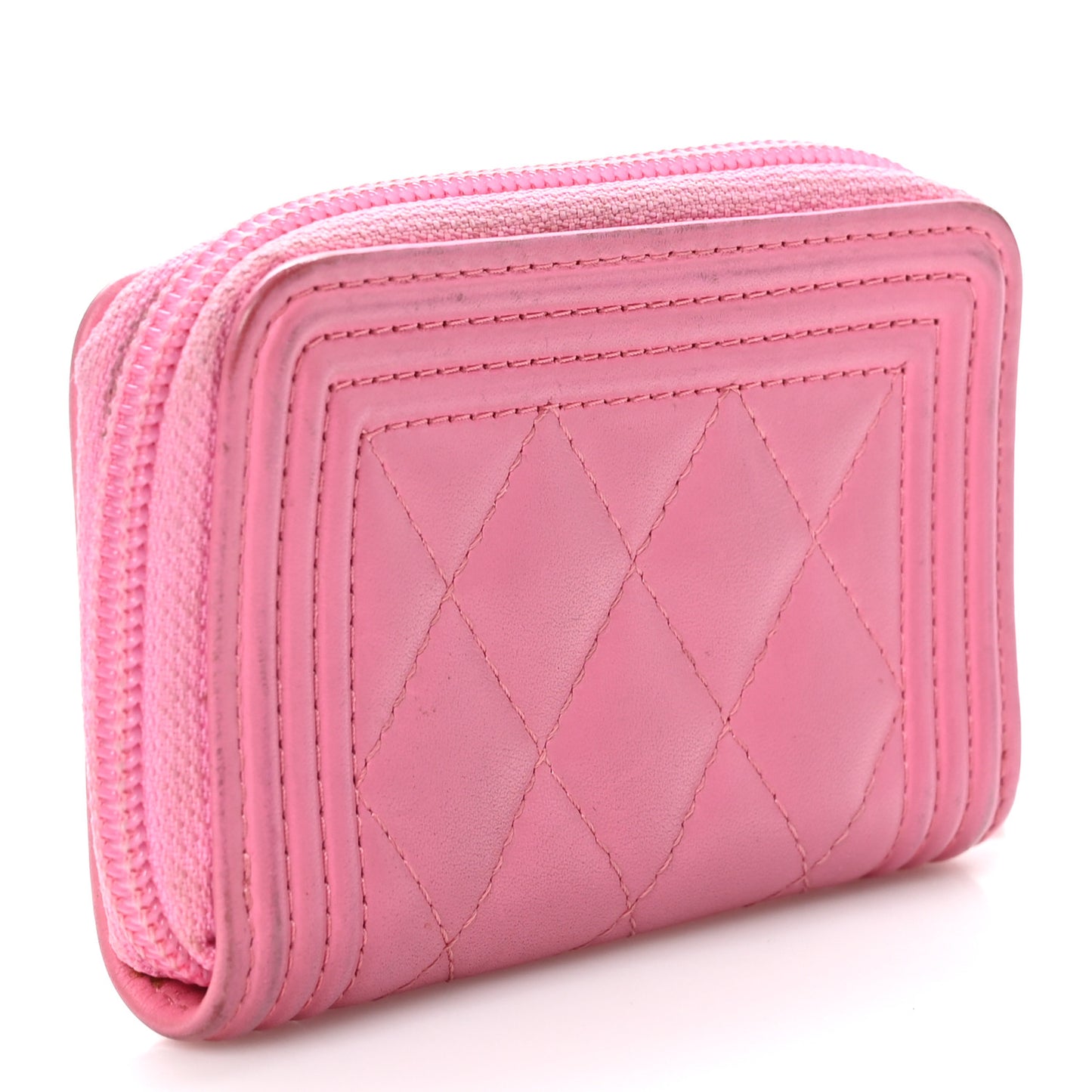 Calfskin Quilted Boy Zip Around Coin Purse Wallet Pink