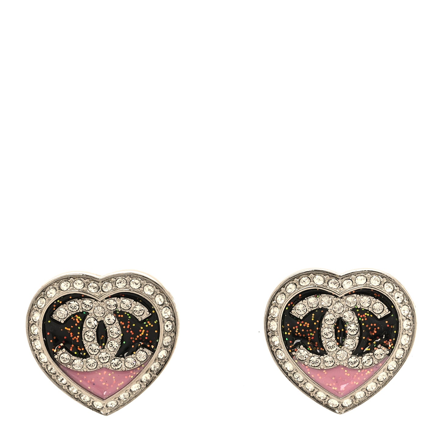 Resin Crystal Glitter CC Heart Stud Earrings Silver Black Pink