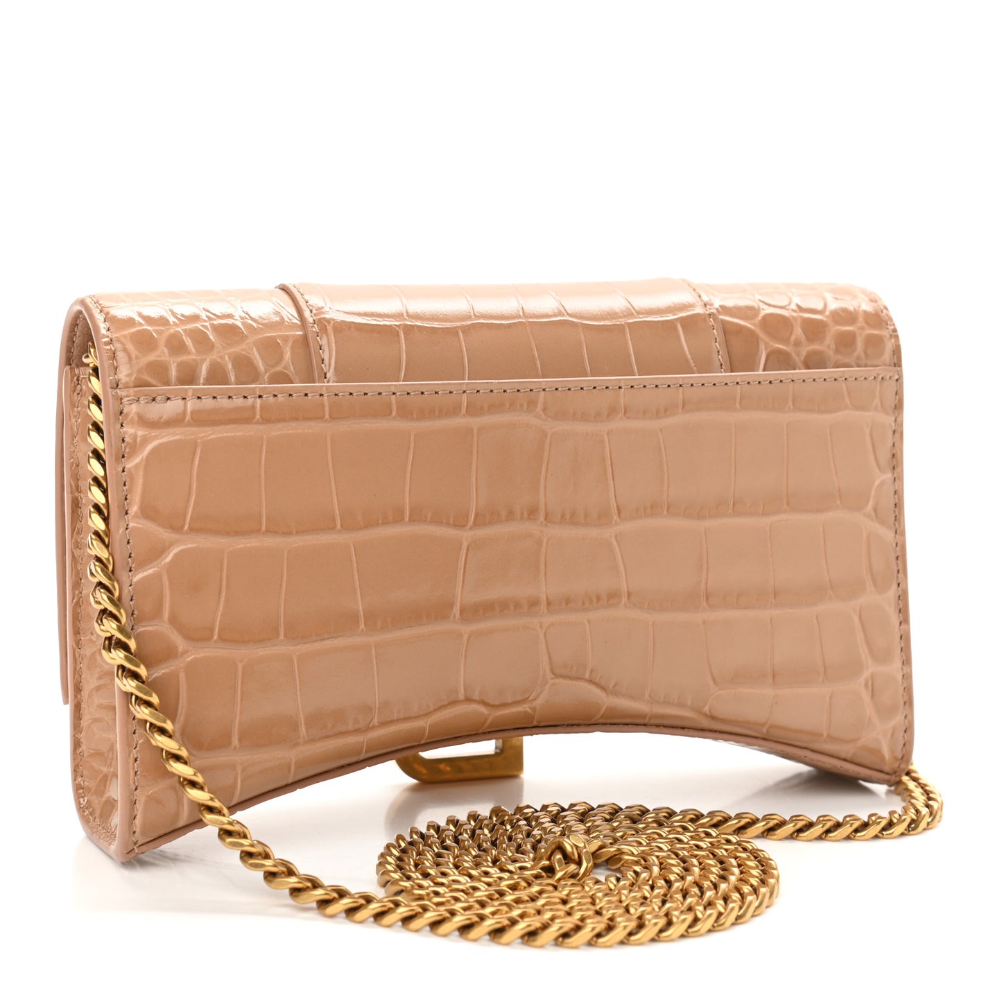 Shiny Calfskin Crocodile Embossed Hourglass Chain Bag Nude Beige