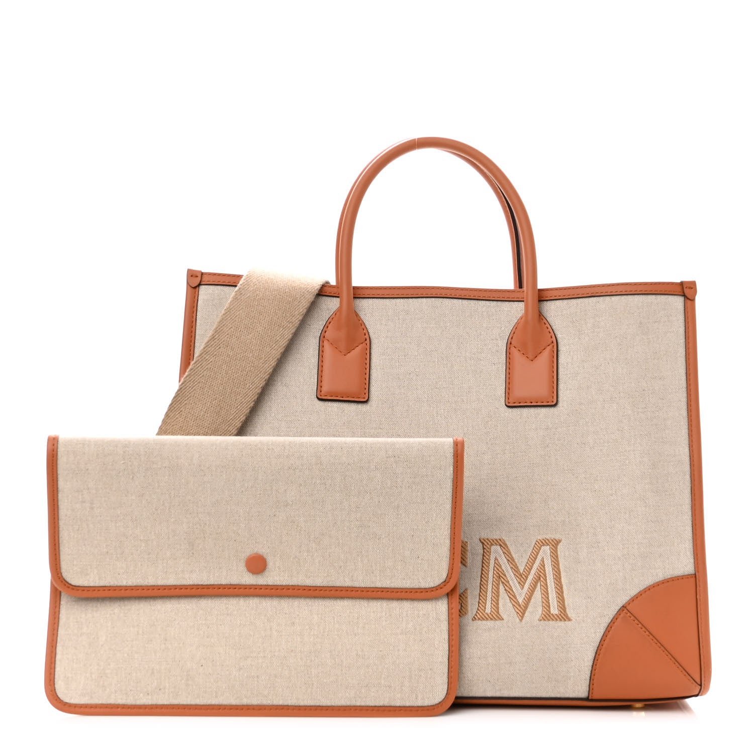 MCM Calfskin Linen Large Munchen Tote Cognac 1 of 12