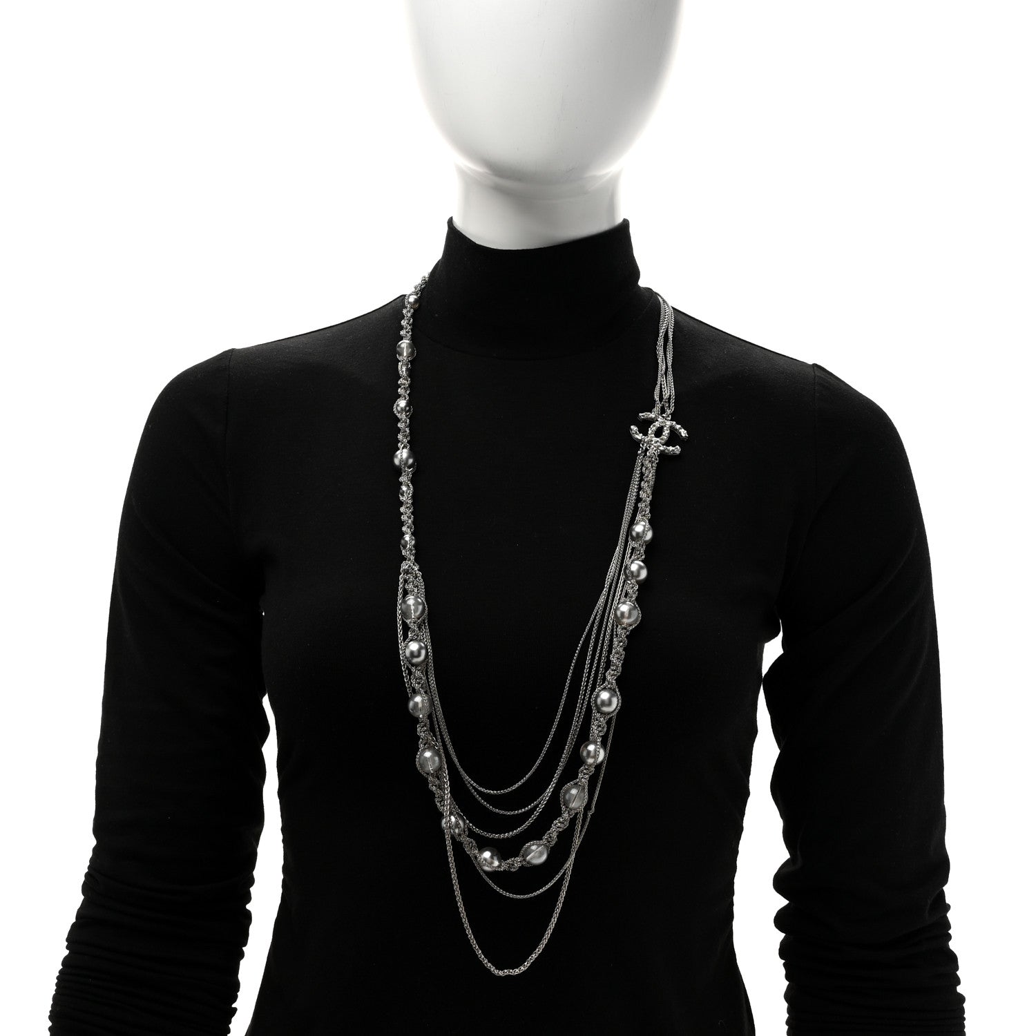 Chanel Crystal Pearl Multi Strand Chain CC Long Necklace  Silver 2 of 5