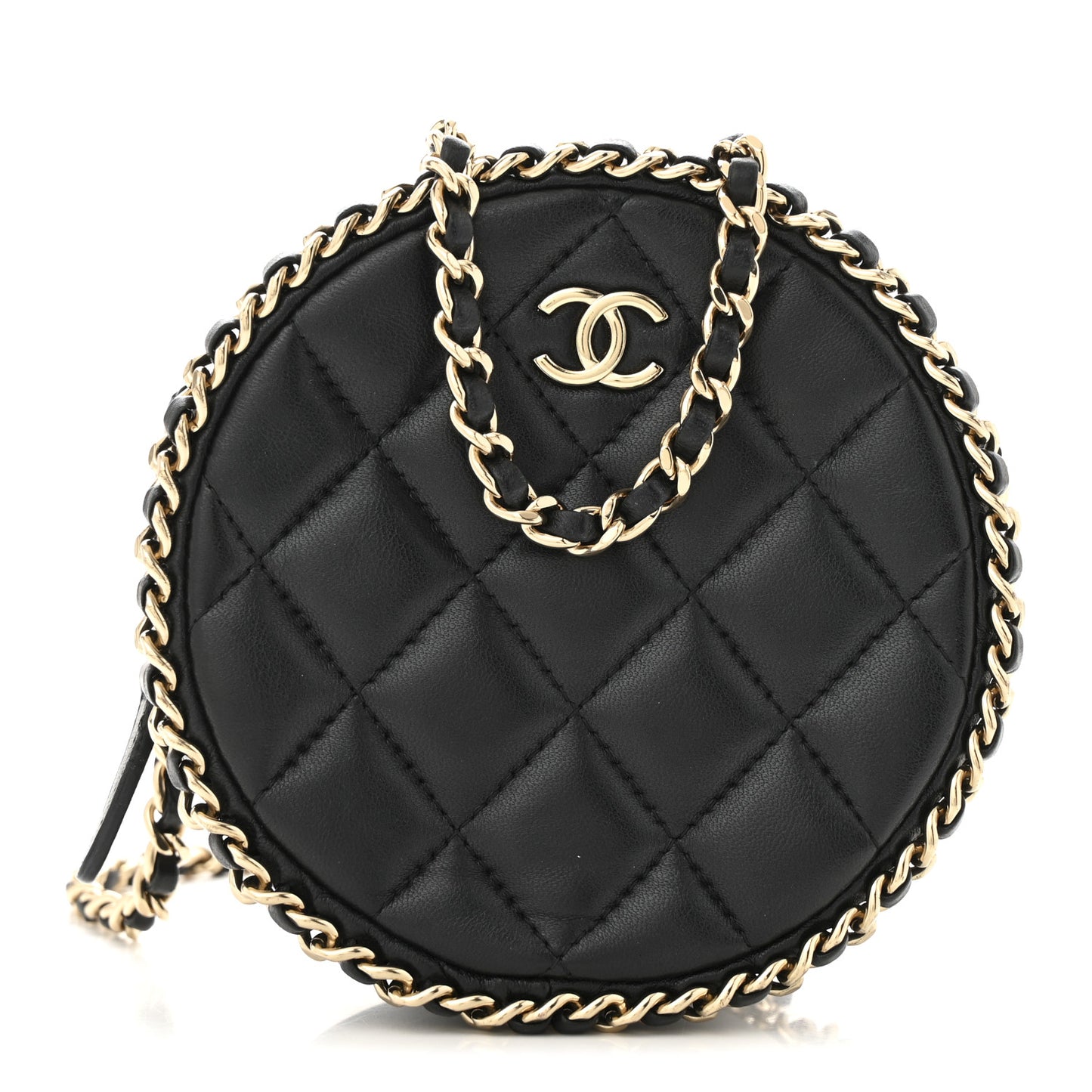 Lambskin Quilted Chain Around CC Round Clutch With Chain Black
