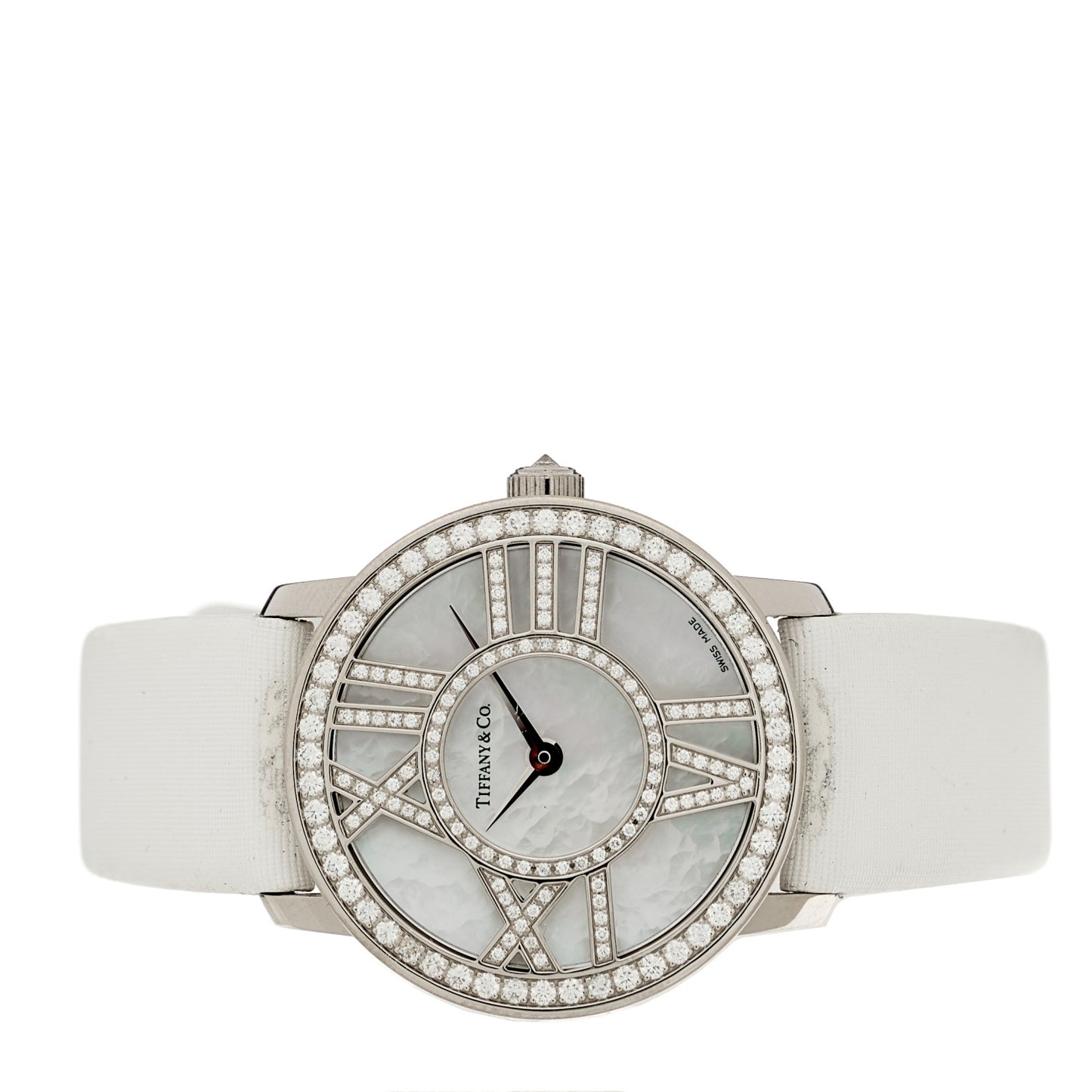 18K White Gold Satin Diamond Mother of Pearl 26mm Atlas Round Cocktail Quartz Watch