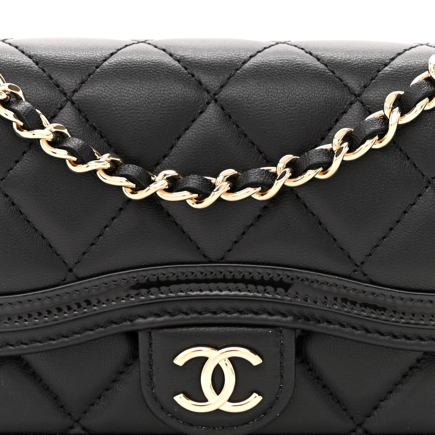 Lambskin Patent Calfskin Quilted Flap Phone Holder With Chain Black