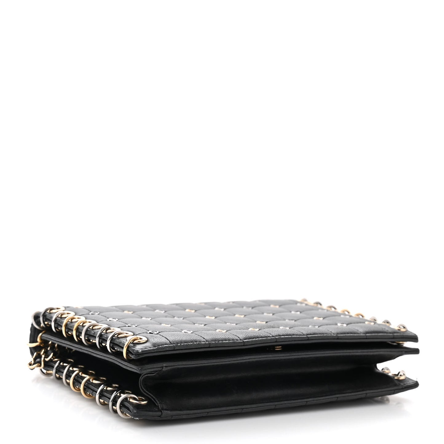 Lambskin Chocolate Bar Piercing CC Studded Small Chain Flap Bag Black
