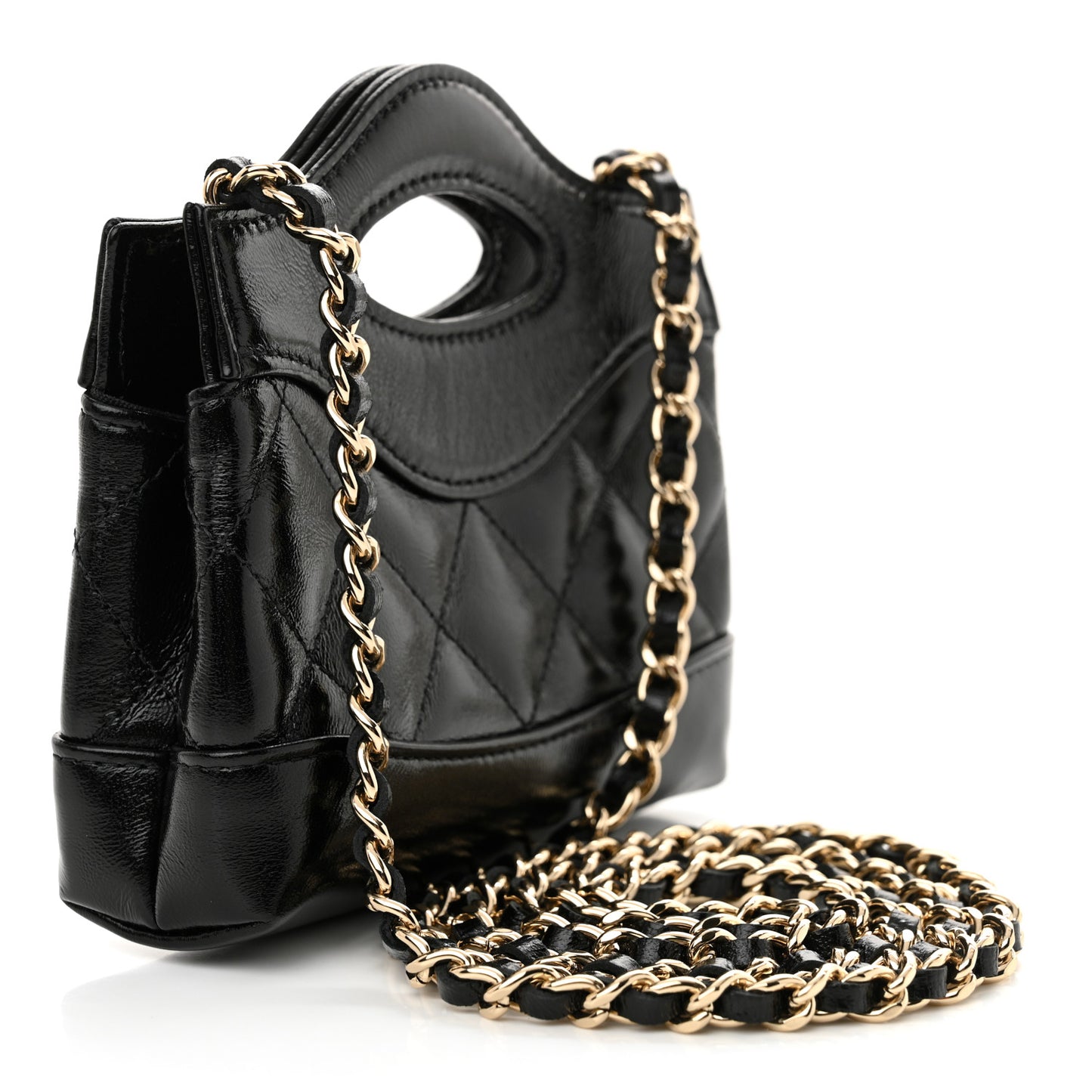 Shiny Lambskin Quilted Micro 31 Clutch With Chain Black