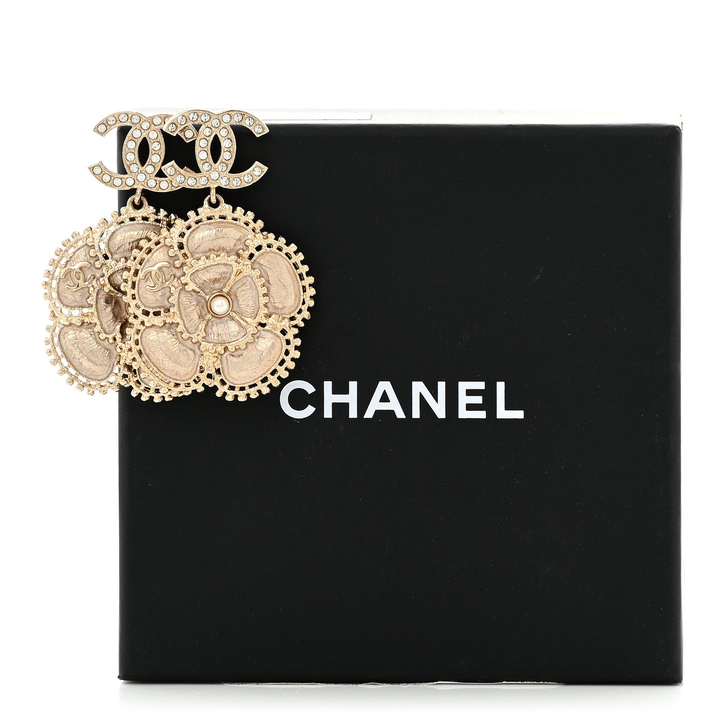 Crystal Pearl Camellia CC Drop Earrings Gold