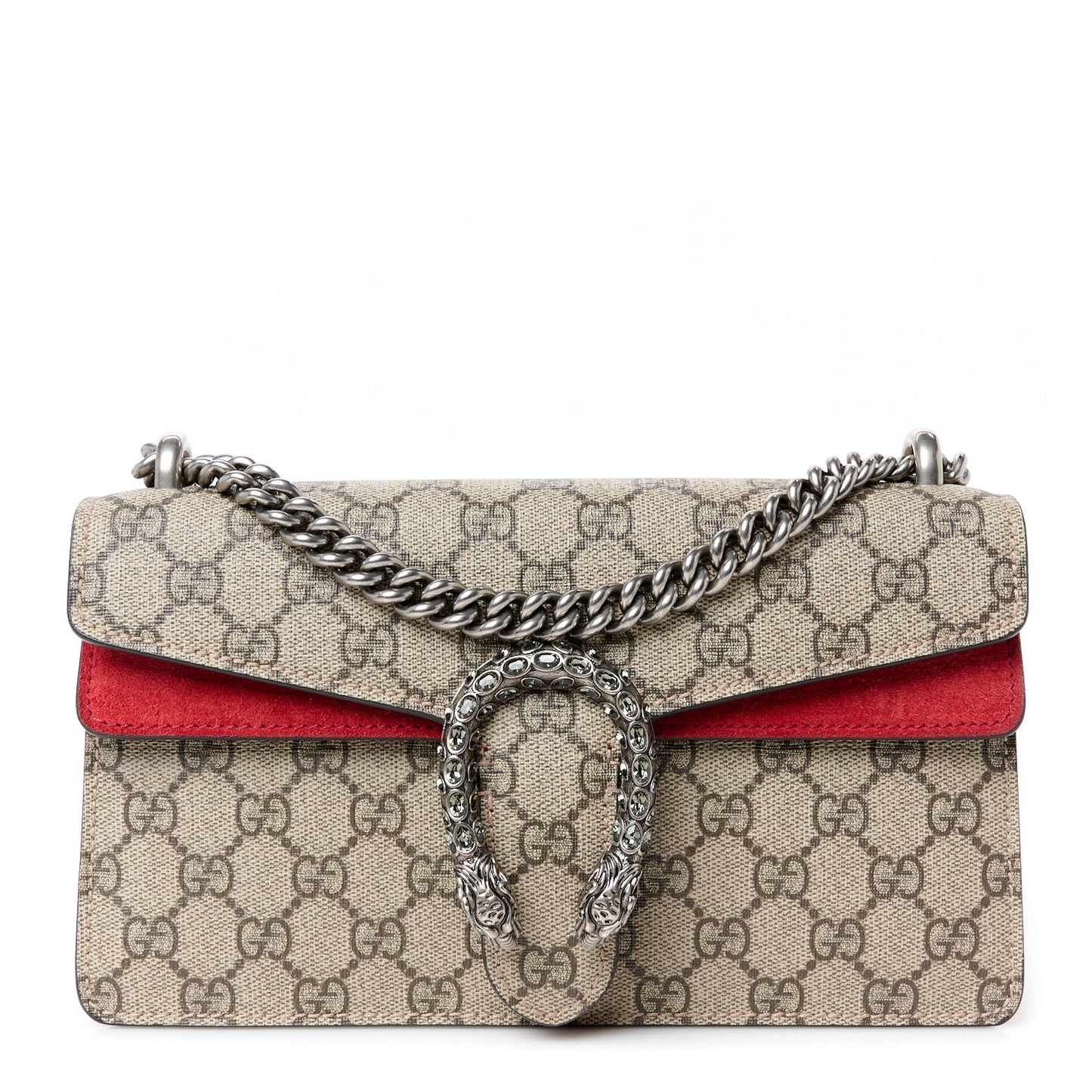 GG Supreme Monogram Suede Crystal Small Dionysus Shoulder Bag Beige Ebony Vulcanic Red