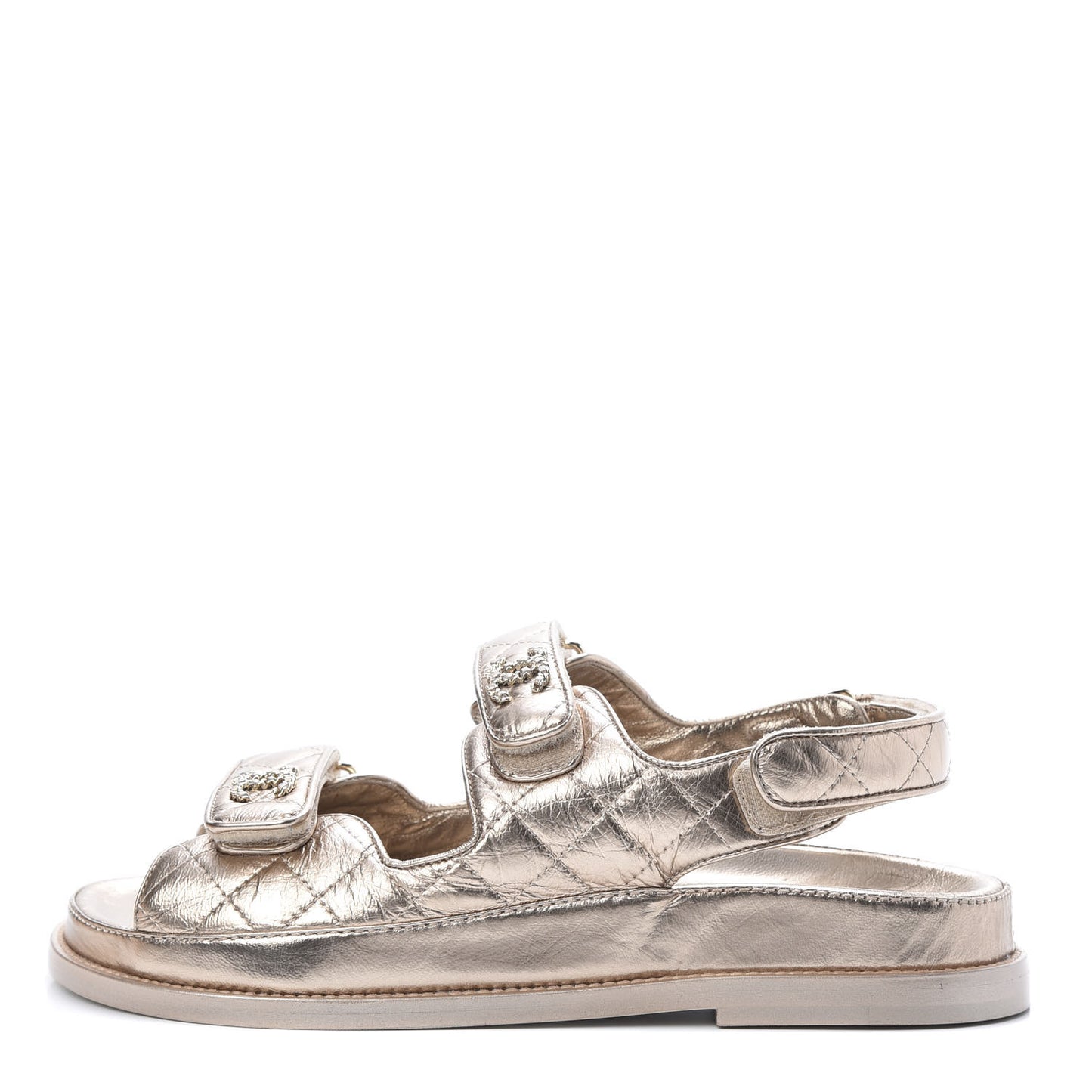 Iridescent Lambskin Quilted Velcro Dad Sandals 38 Light Bronze