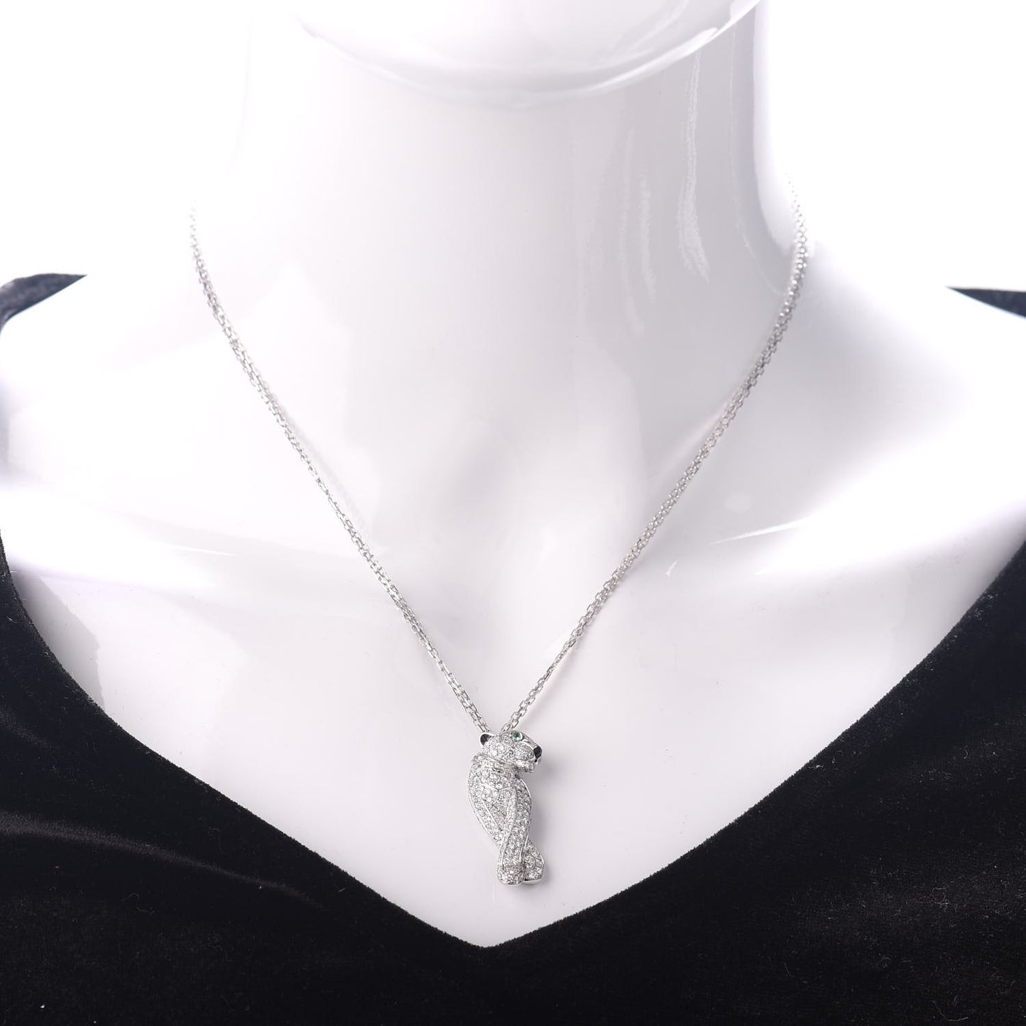 18K White Gold Diamond Onyx Emerald Panthere De Pendant Necklace