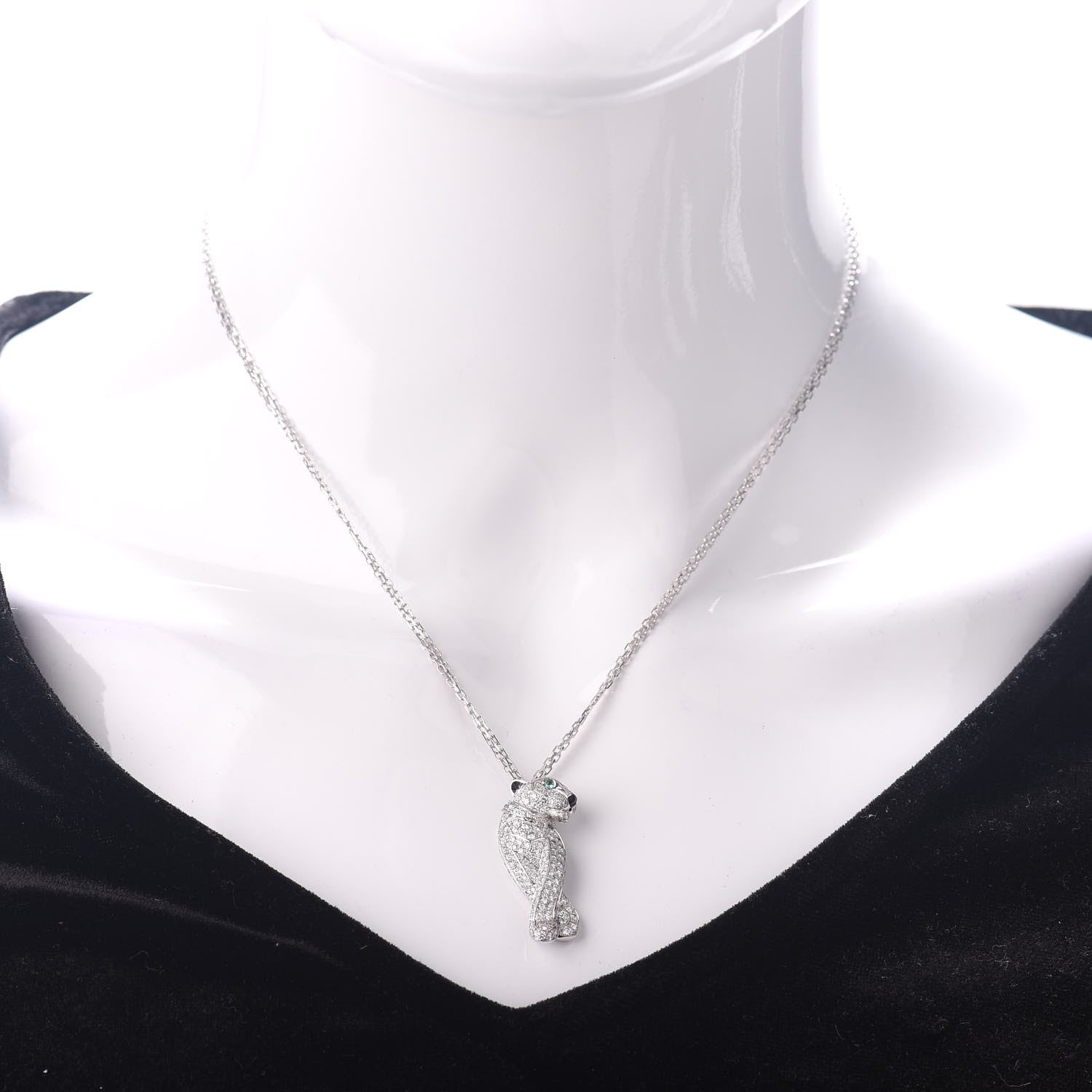 Cartier 18K White Gold Diamond Onyx Emerald Panthere De Pendant Necklace 2 of 4