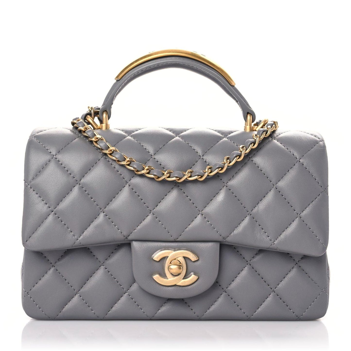 Lambskin Metal Quilted Mini Top Handle Rectangular Flap Grey