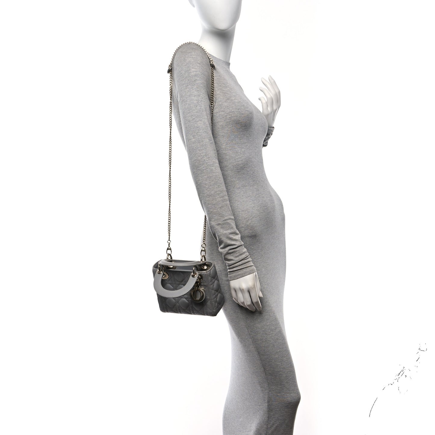Metallic Lambskin Cannage Mini Lady Dior Grey