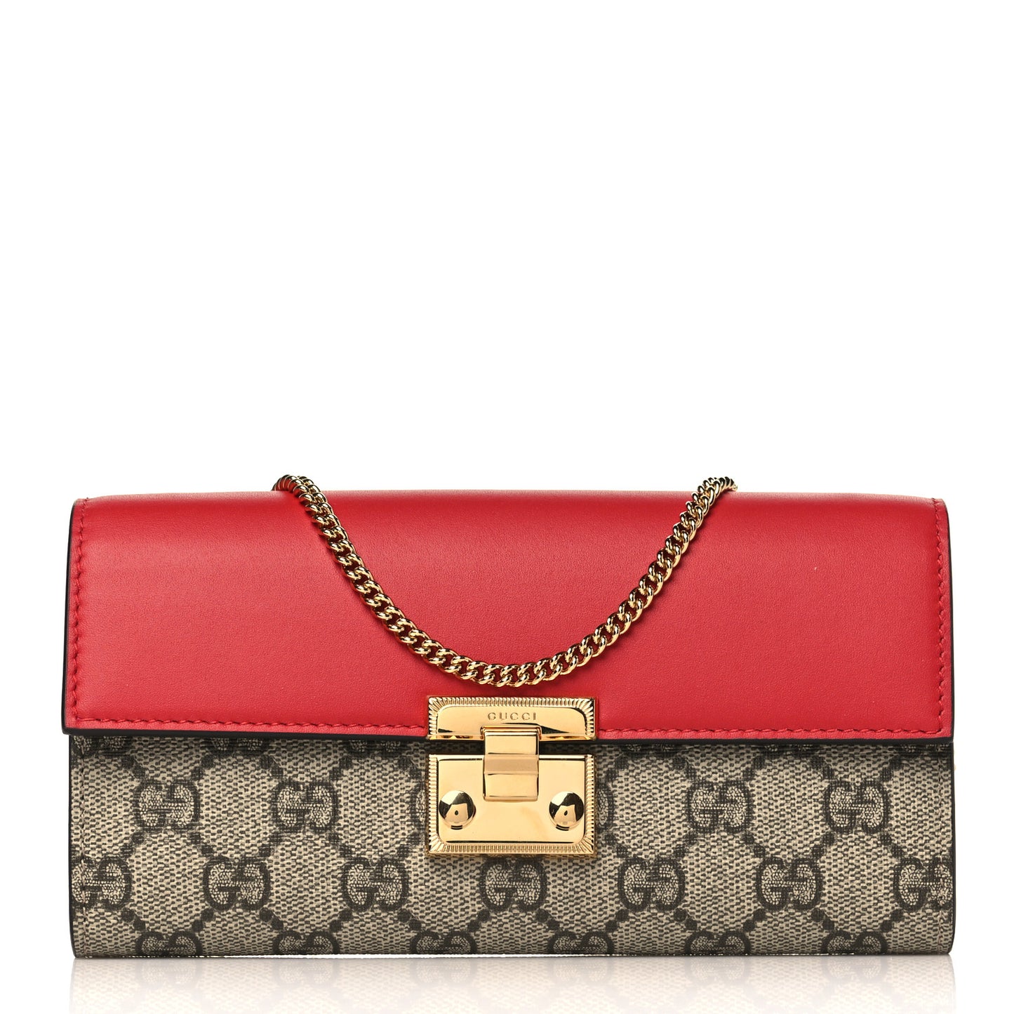 GG Supreme Monogram Moon Calfskin Padlock Continental Chain Wallet Beige Ebony Hibiscus Red New Rosette