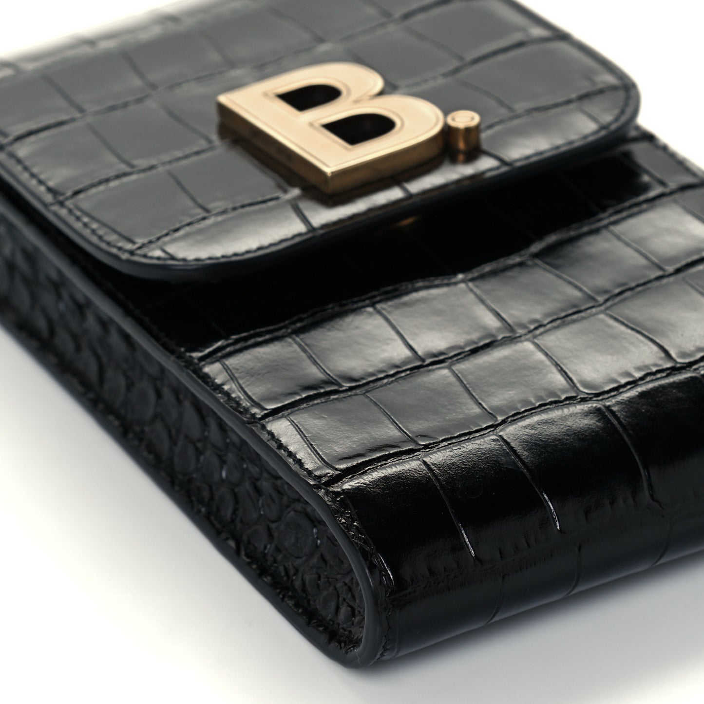 Shiny Calfskin Crocodile Embossed B Phone Holder Black