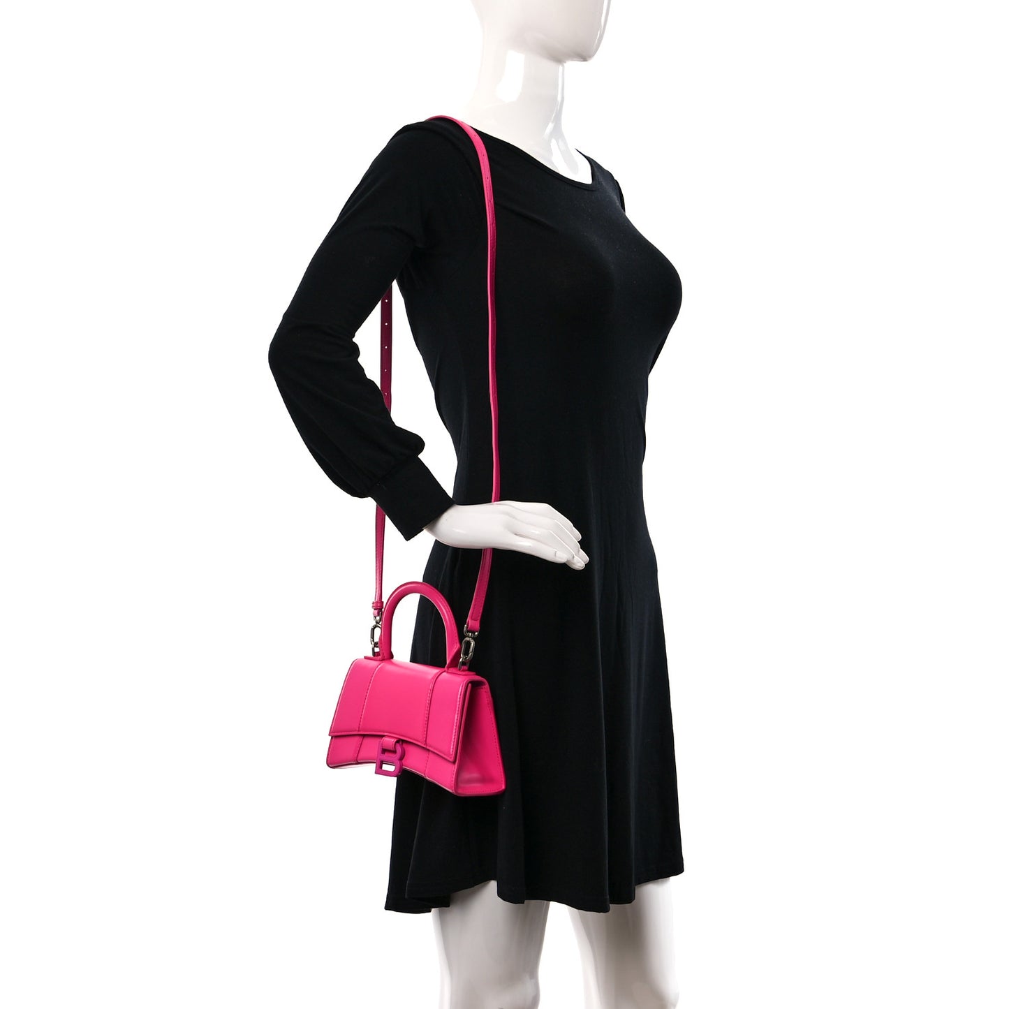 Shiny Box Calfskin Tonal B Hourglass Top Handle Bag XS Fuchsia