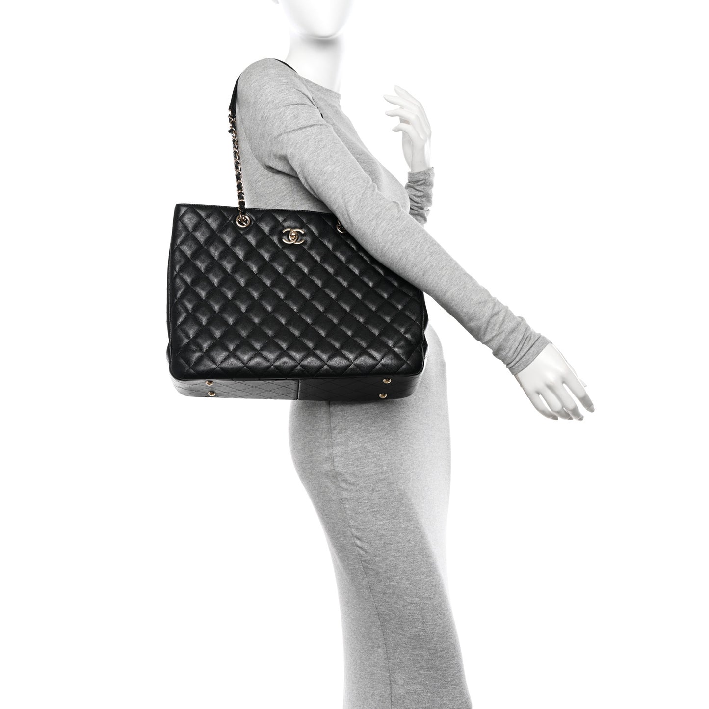 Caviar Quilted Large Classic Shopping Tote Black